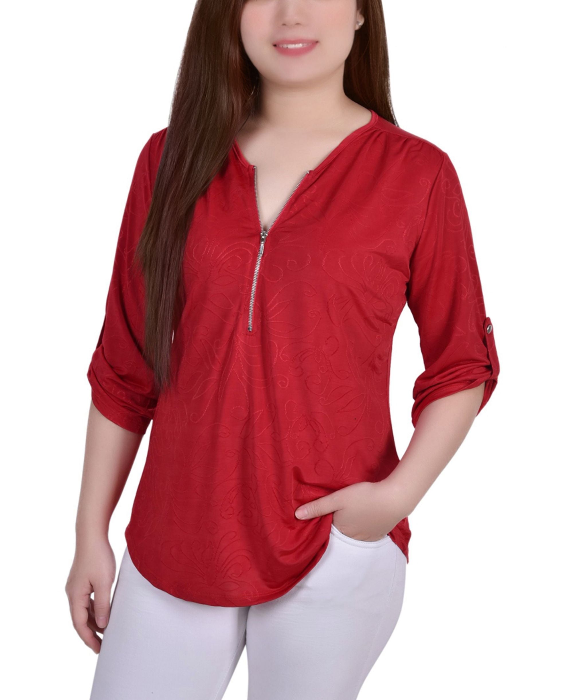 Womens 3/4 Roll Tab Zip Front Jacquard Knit Top