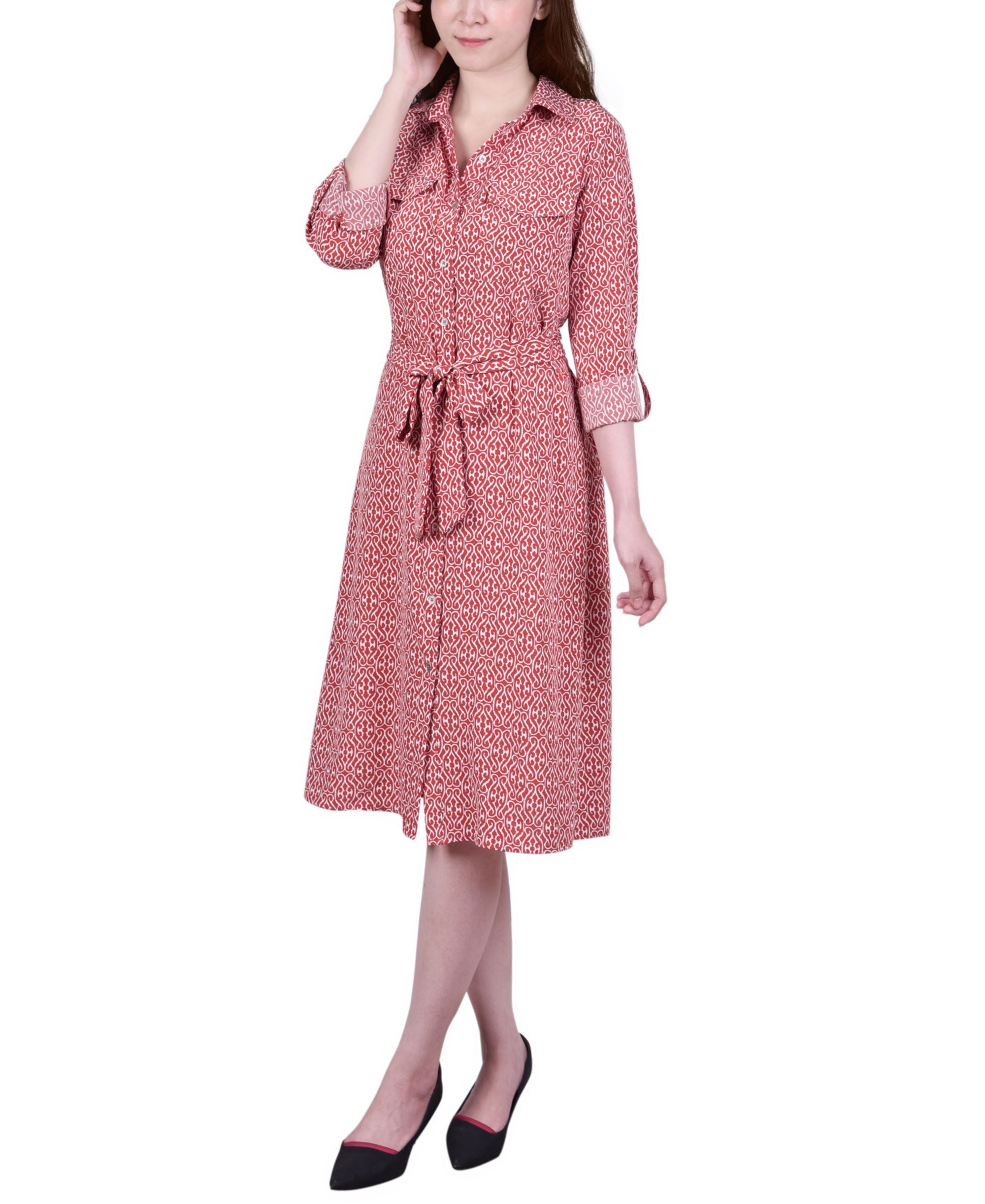 Women's 3/4 Sleeve Roll Tab Shirtdress with Belt