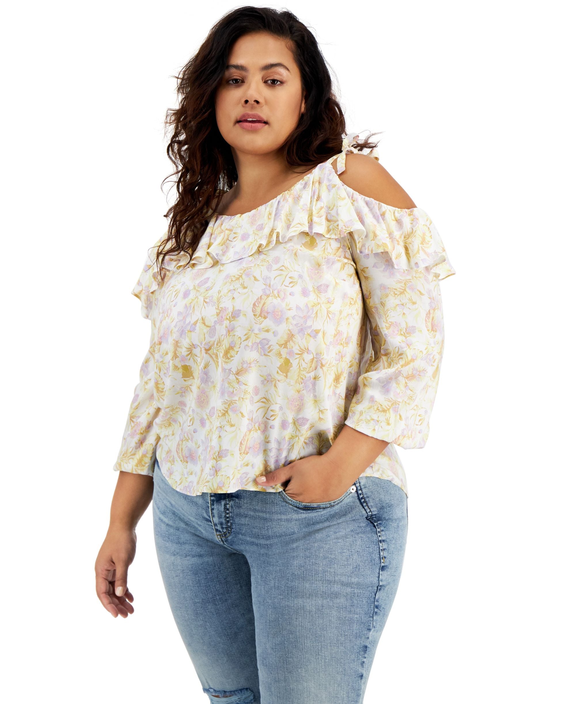 INC International Concepts Plus Size Cold Shoulder Ruffle Trim Top