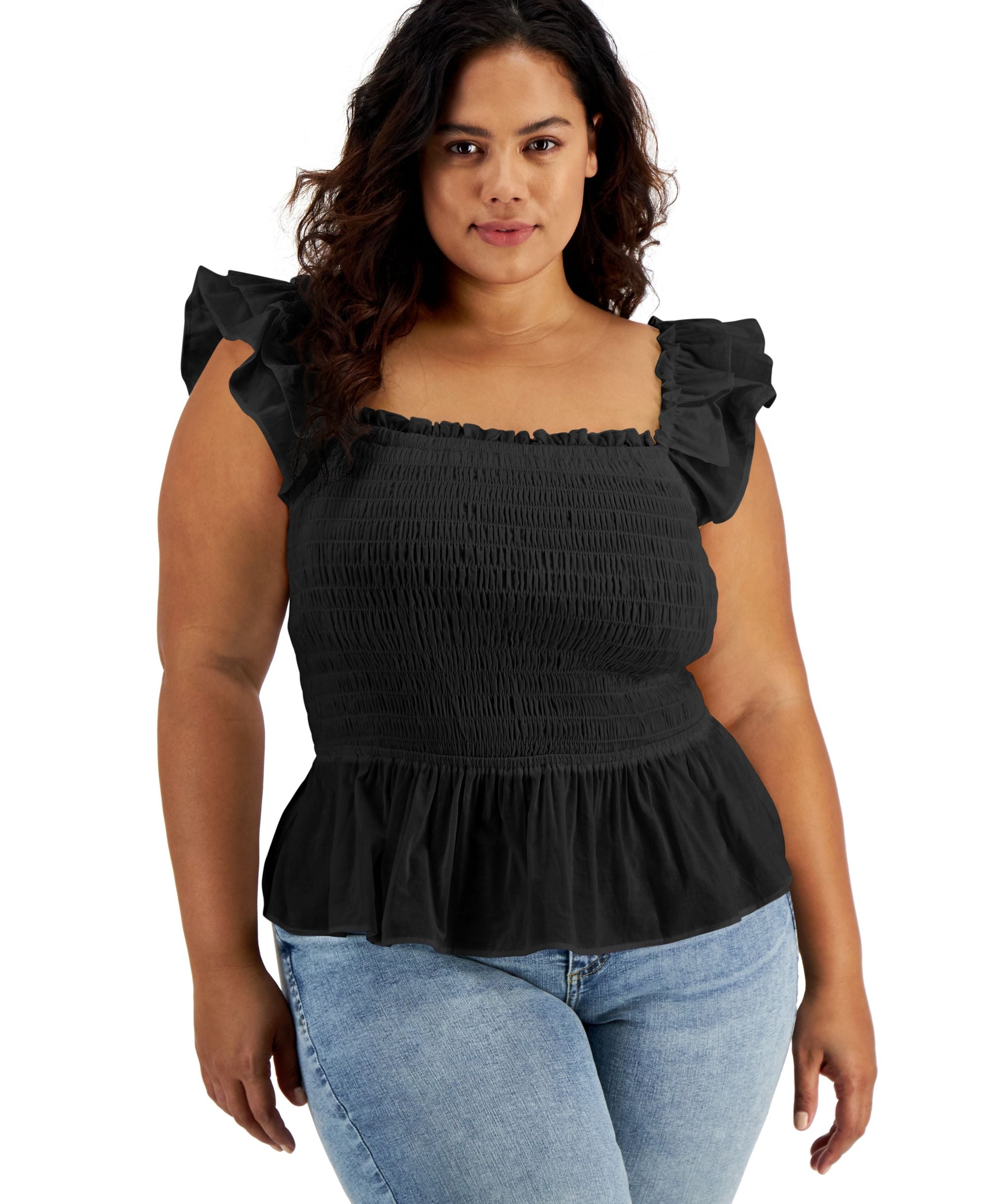 INC International Concepts Plus Size Cotton Smocked Ruffled Top