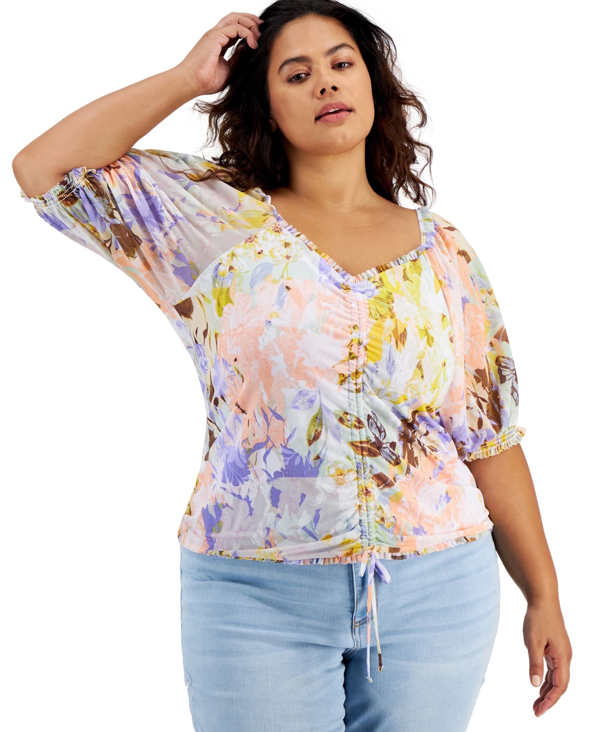 INC International Concepts Plus Size Printed Mesh Puff Sleeve Ruched Top