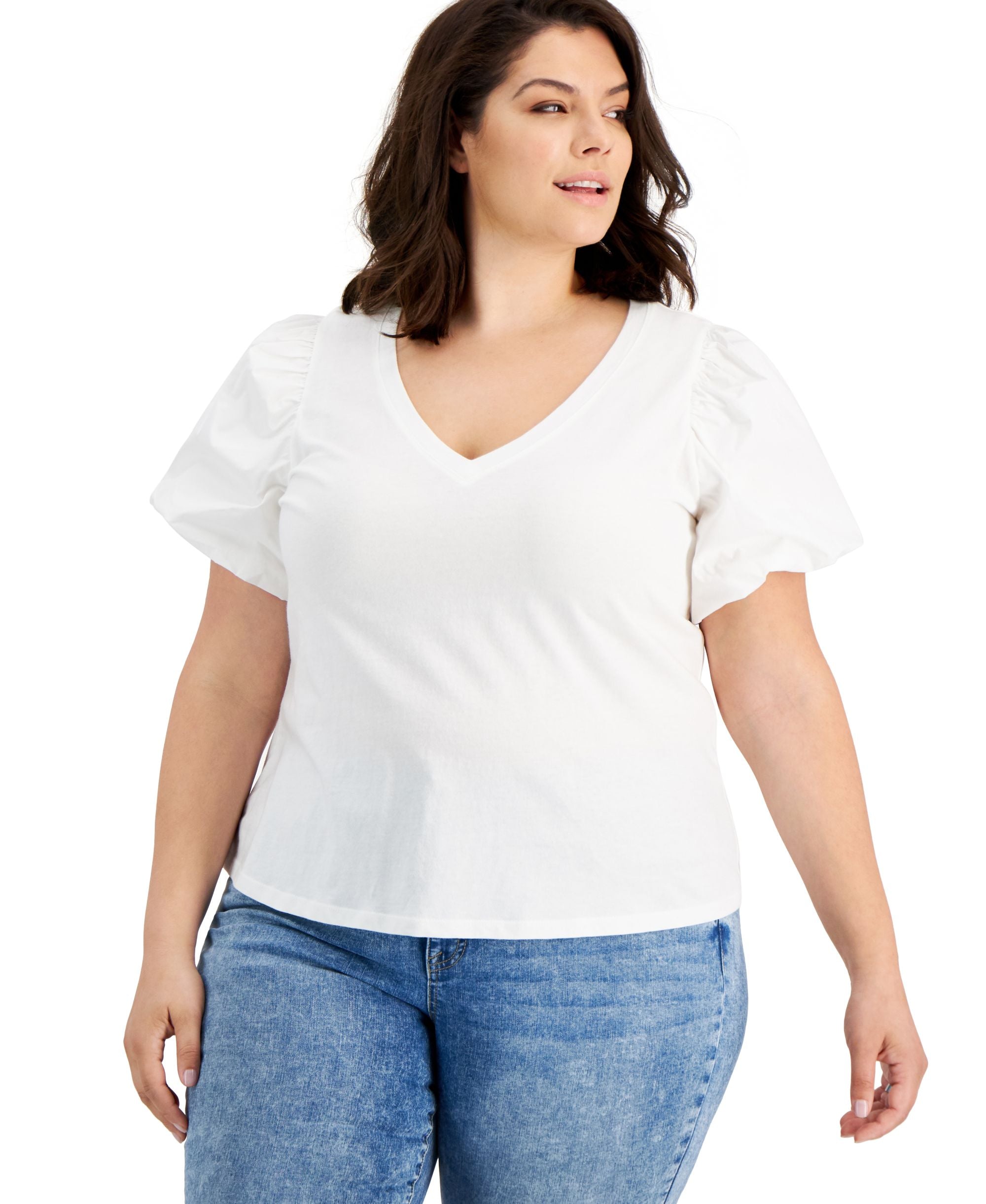 INC International Concepts Plus Size Poplin Sleeve V Neck Top
