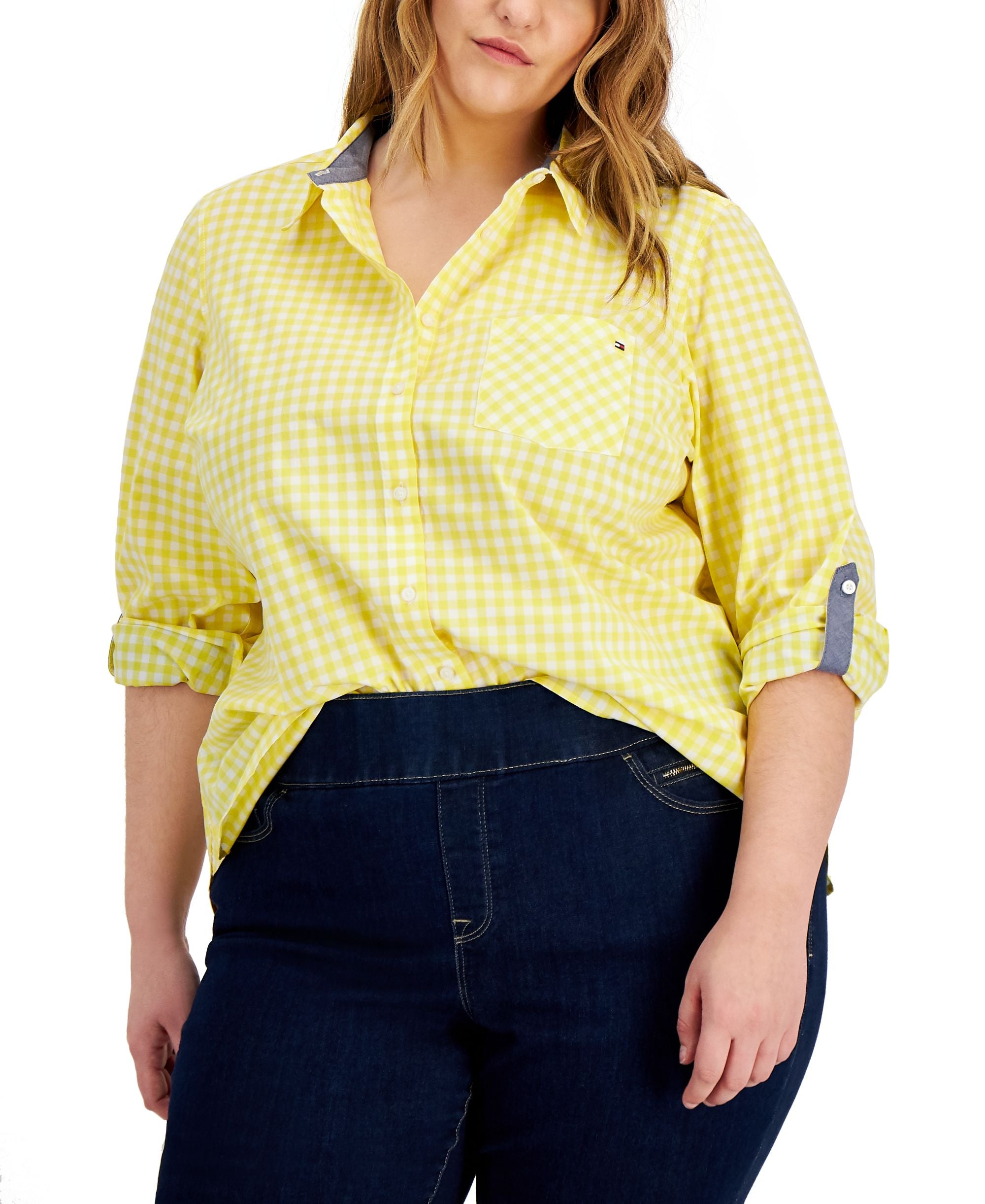 Tommy Hilfiger Plus Size Gingham Pint Roll Tab Sleeve Top