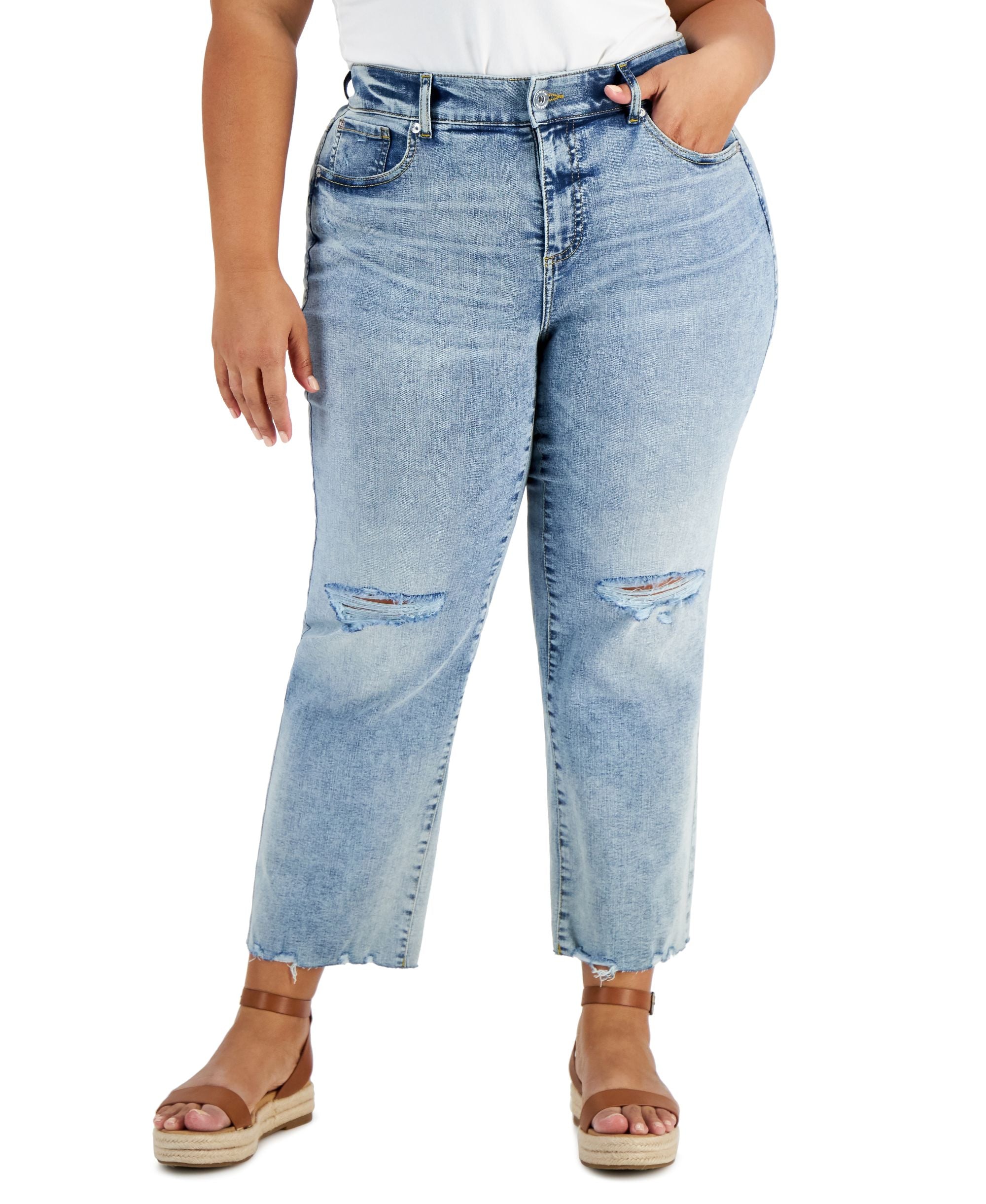 INC International Concepts Plus Size Ripped Straight Leg Jeans