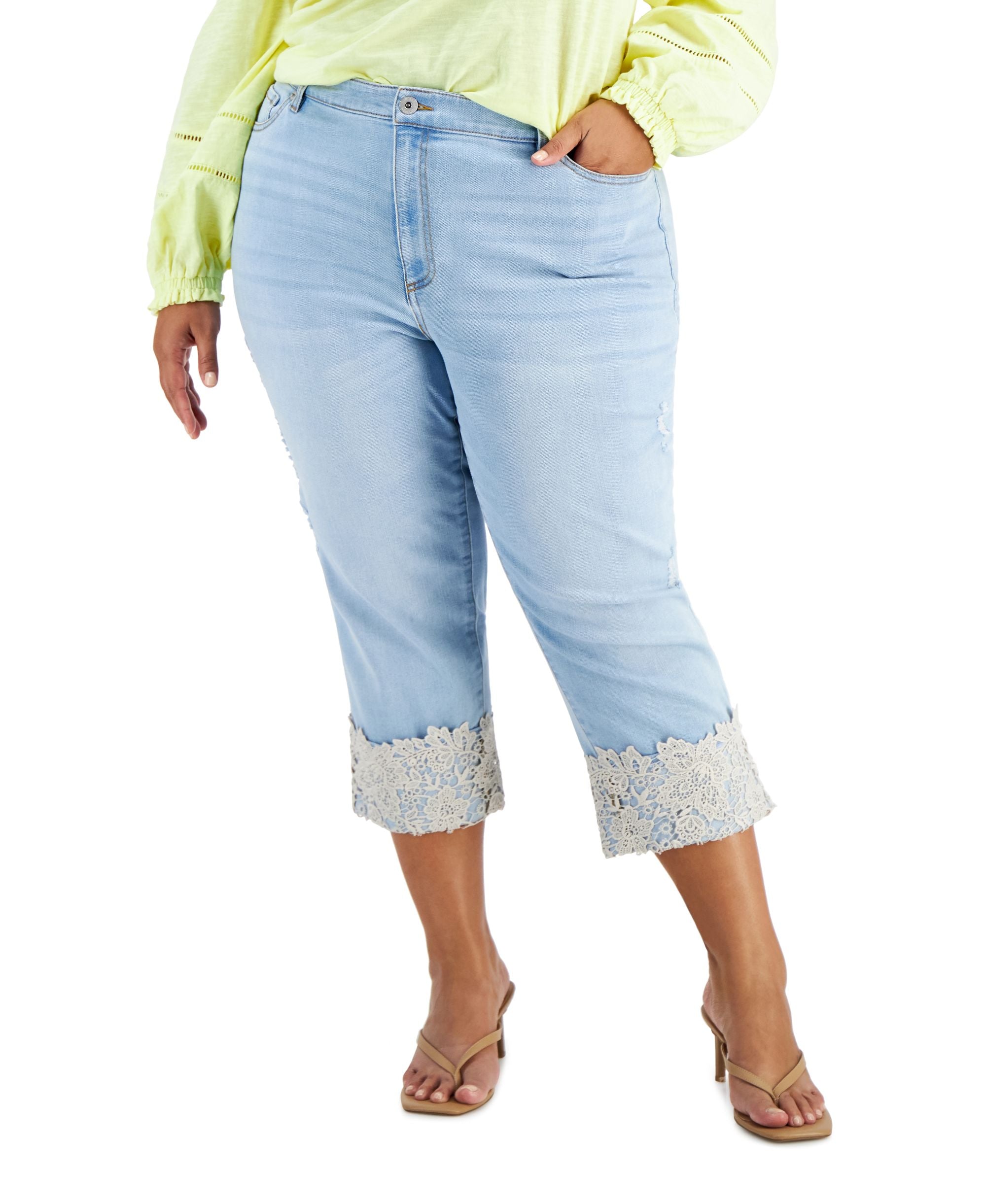 INC International Concepts Plus Size Lace Cuff Cropped Jeans