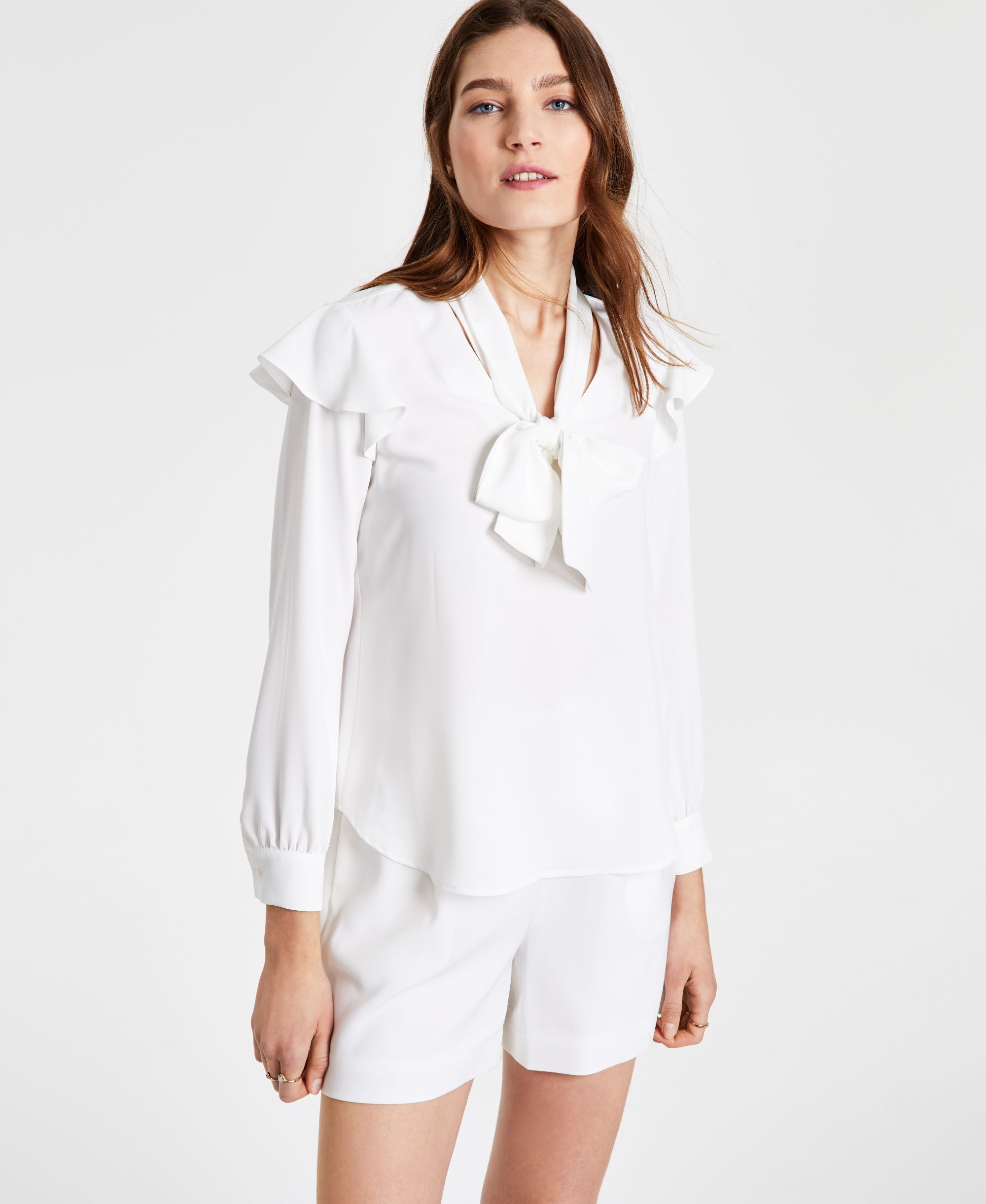 Bar III Womens Long Sleeve Tie Neck Blouse With Ruffle Shoulder