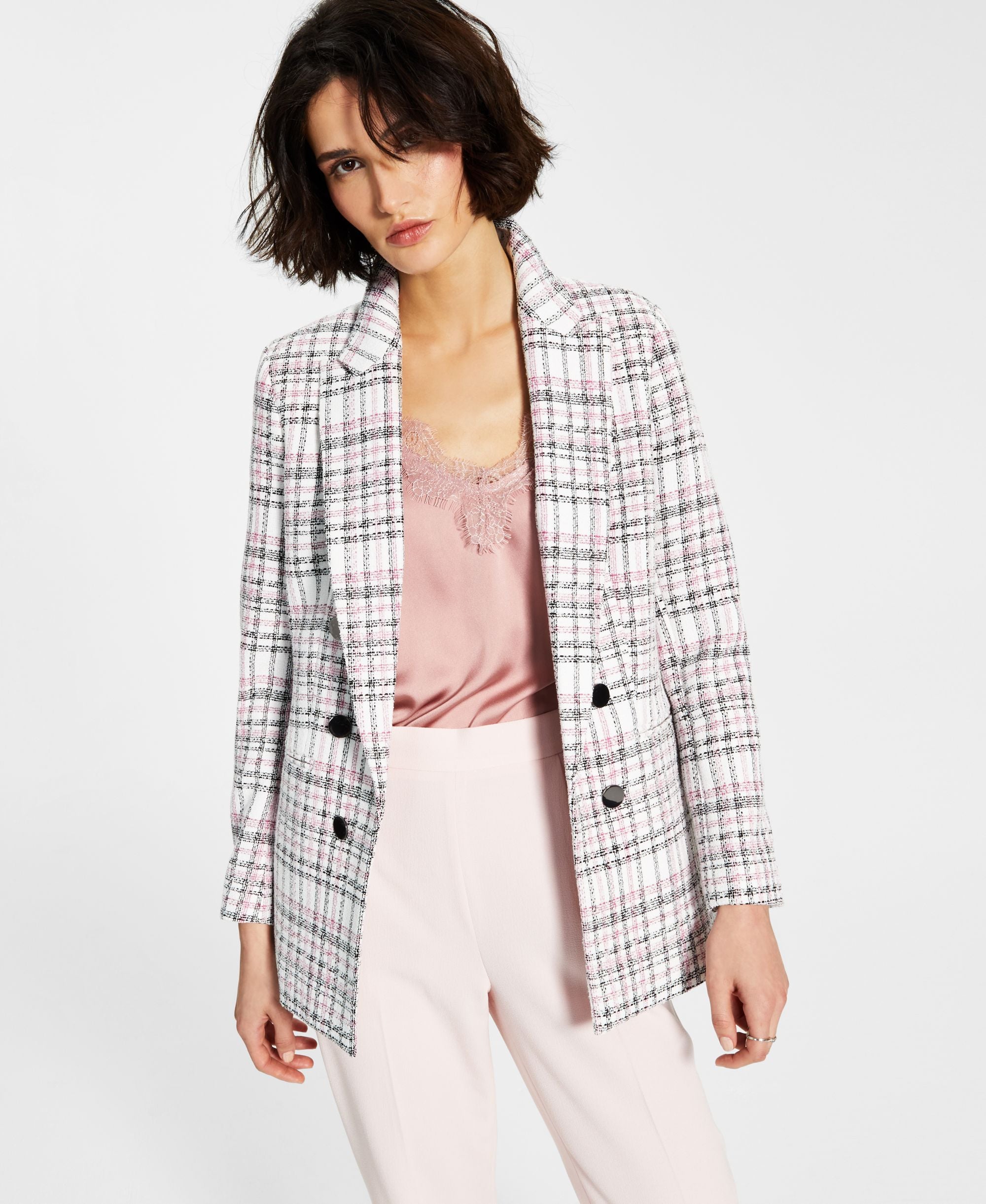 Bar III Womens Plaid-Print Faux-Double-Breasted Jacket