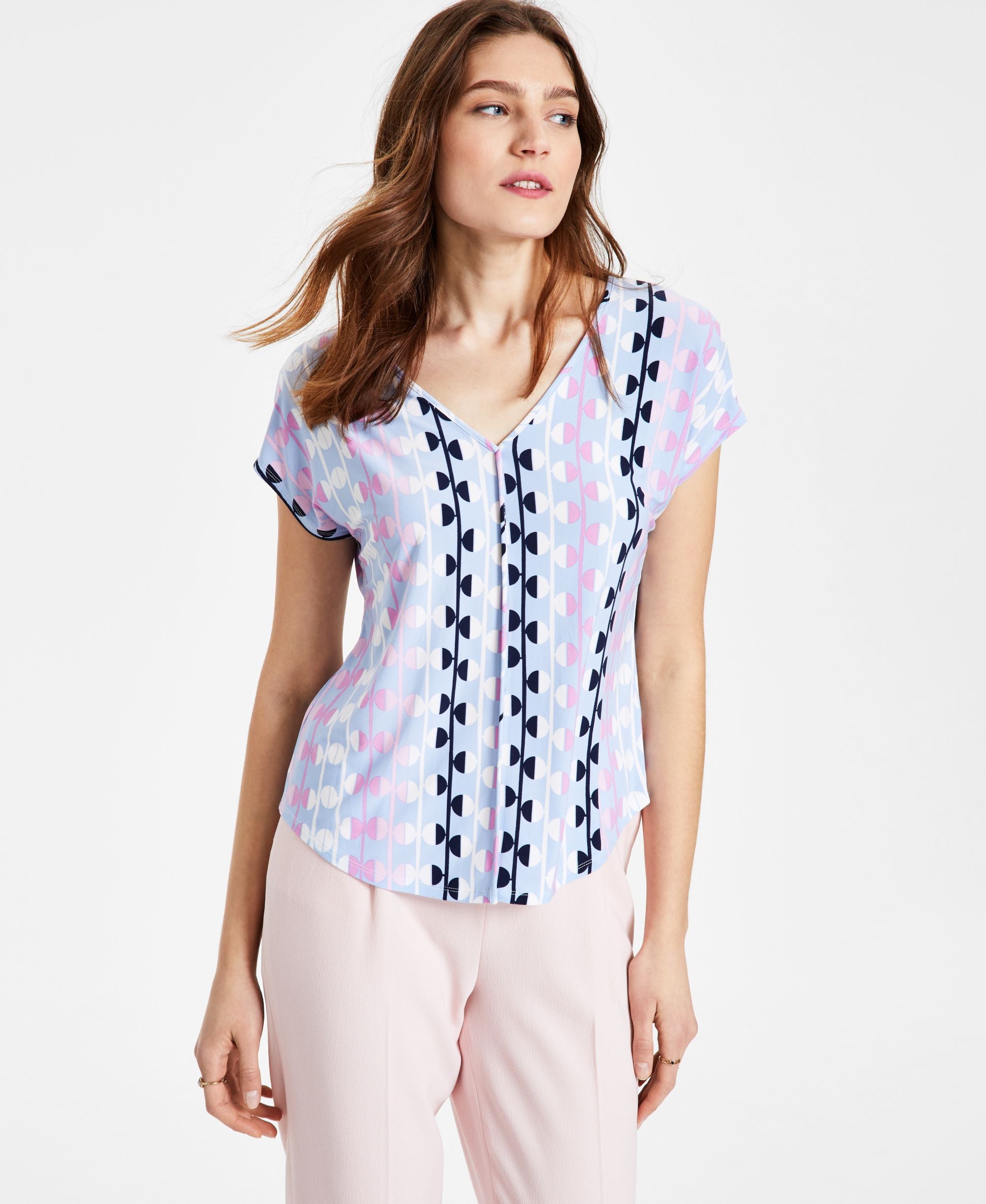 Bar III Printed Seamed V Neck Top