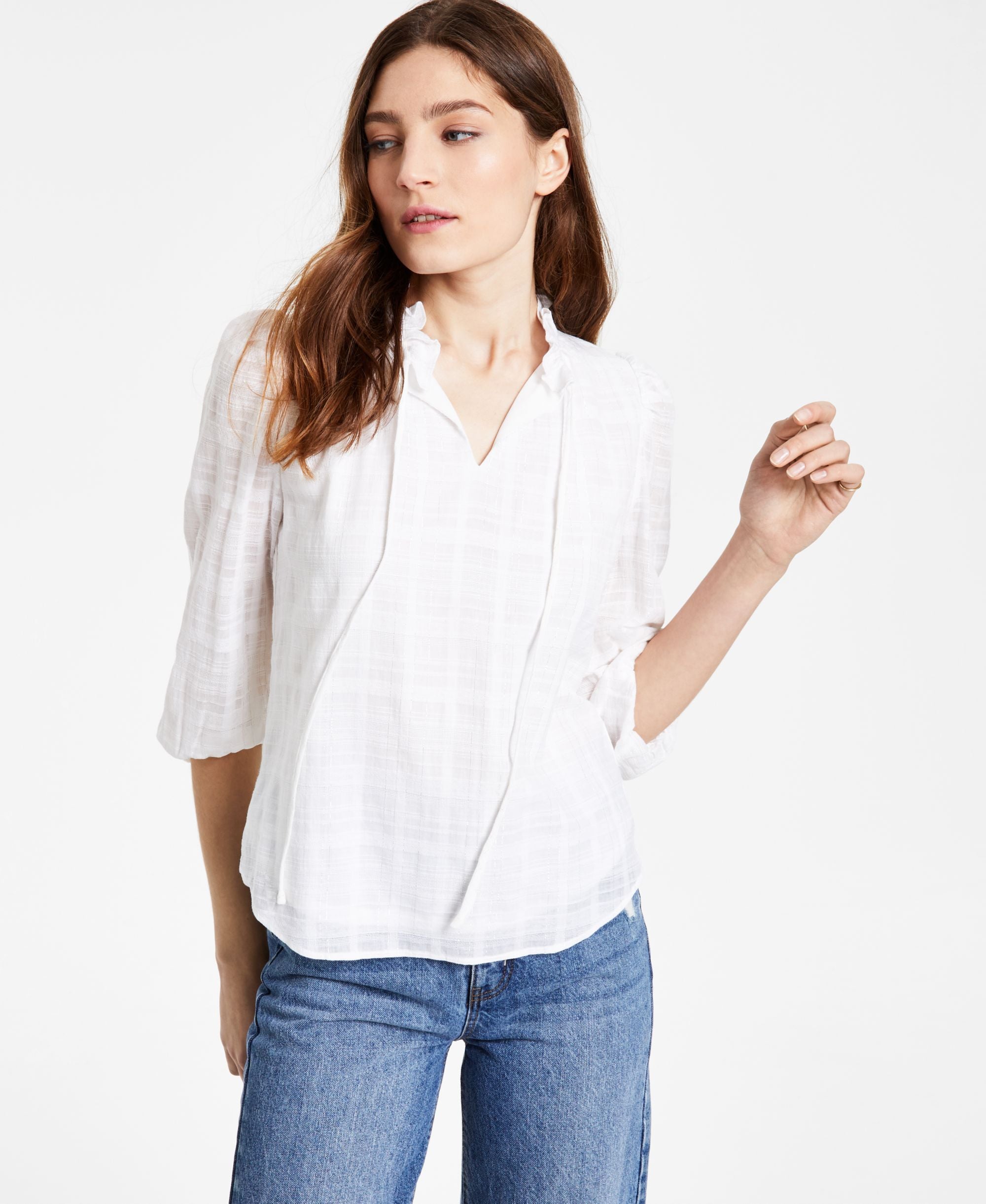 Bar III Womens Ruffled Metallic Peasant Tie Ftont Top