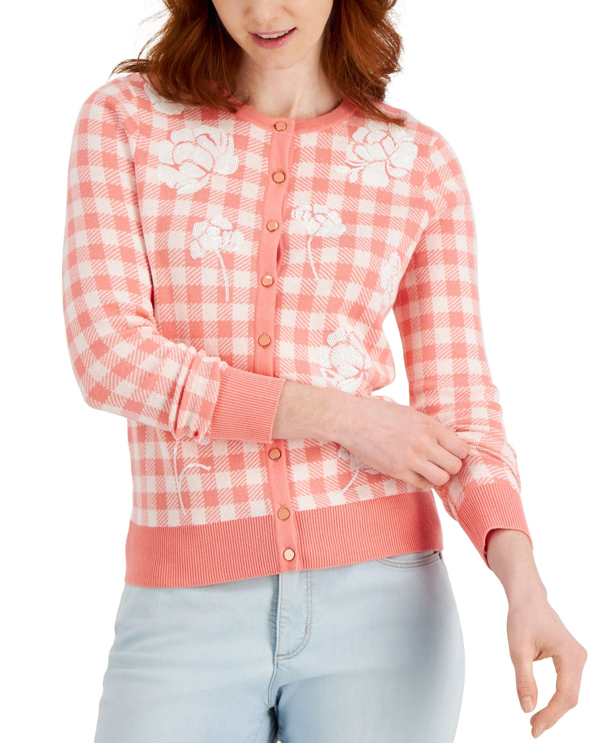 Charter Club Gingham Embroidered Button Cardigan