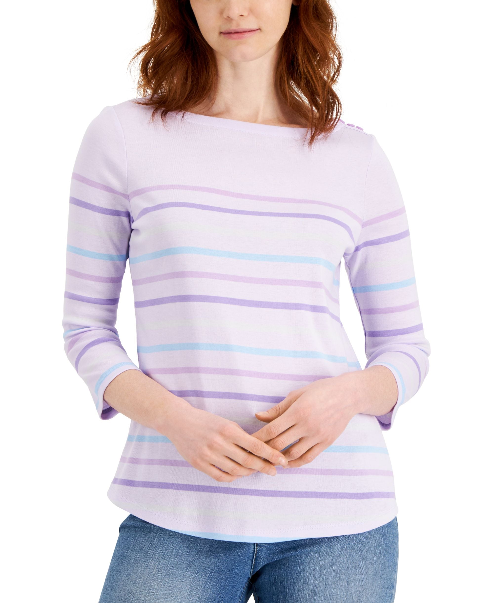 Charter Club Striped Knit 3/4 Sleeve Boat Neck Top