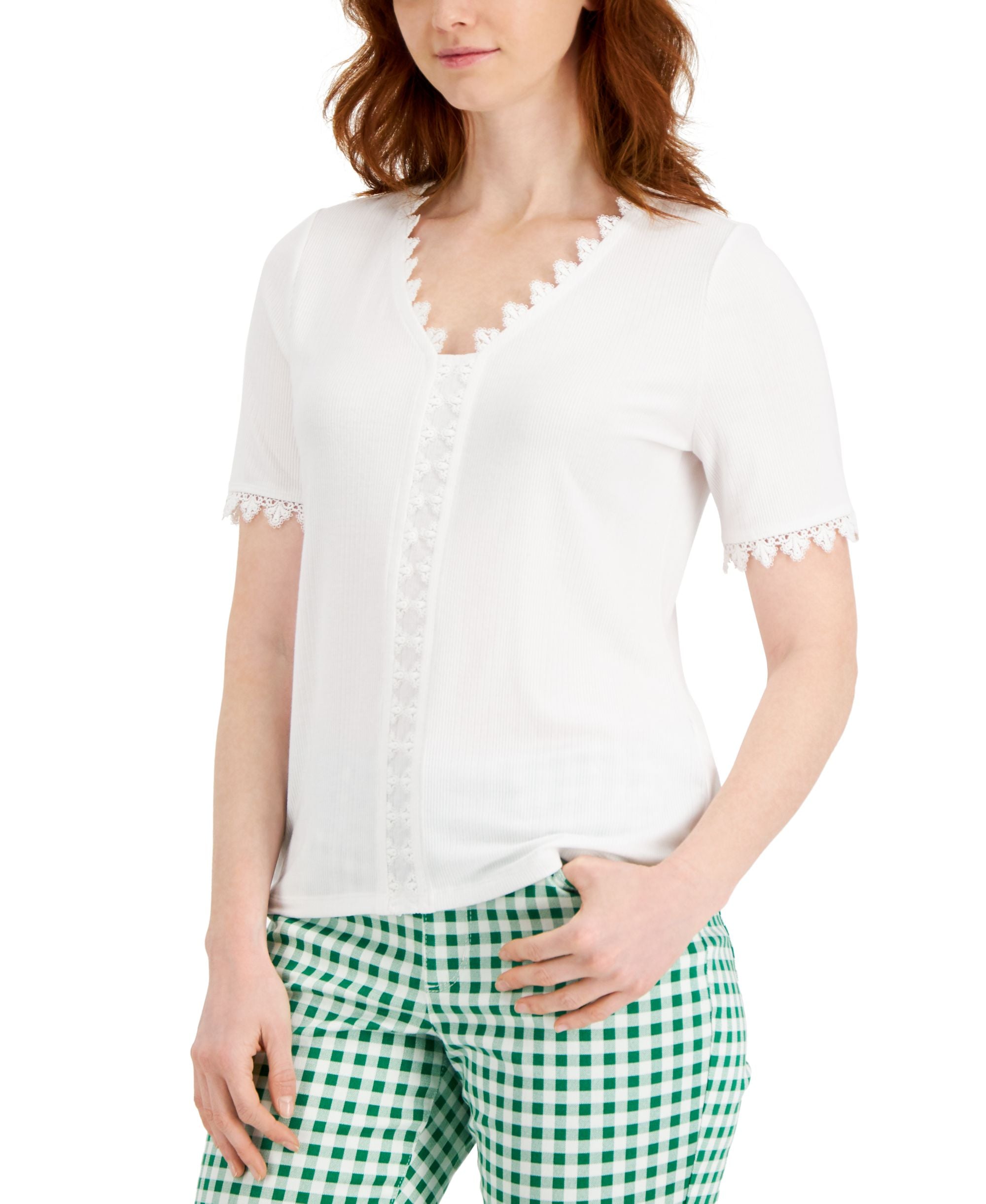 Charter Club Lace-Trimmed V-Neck Top