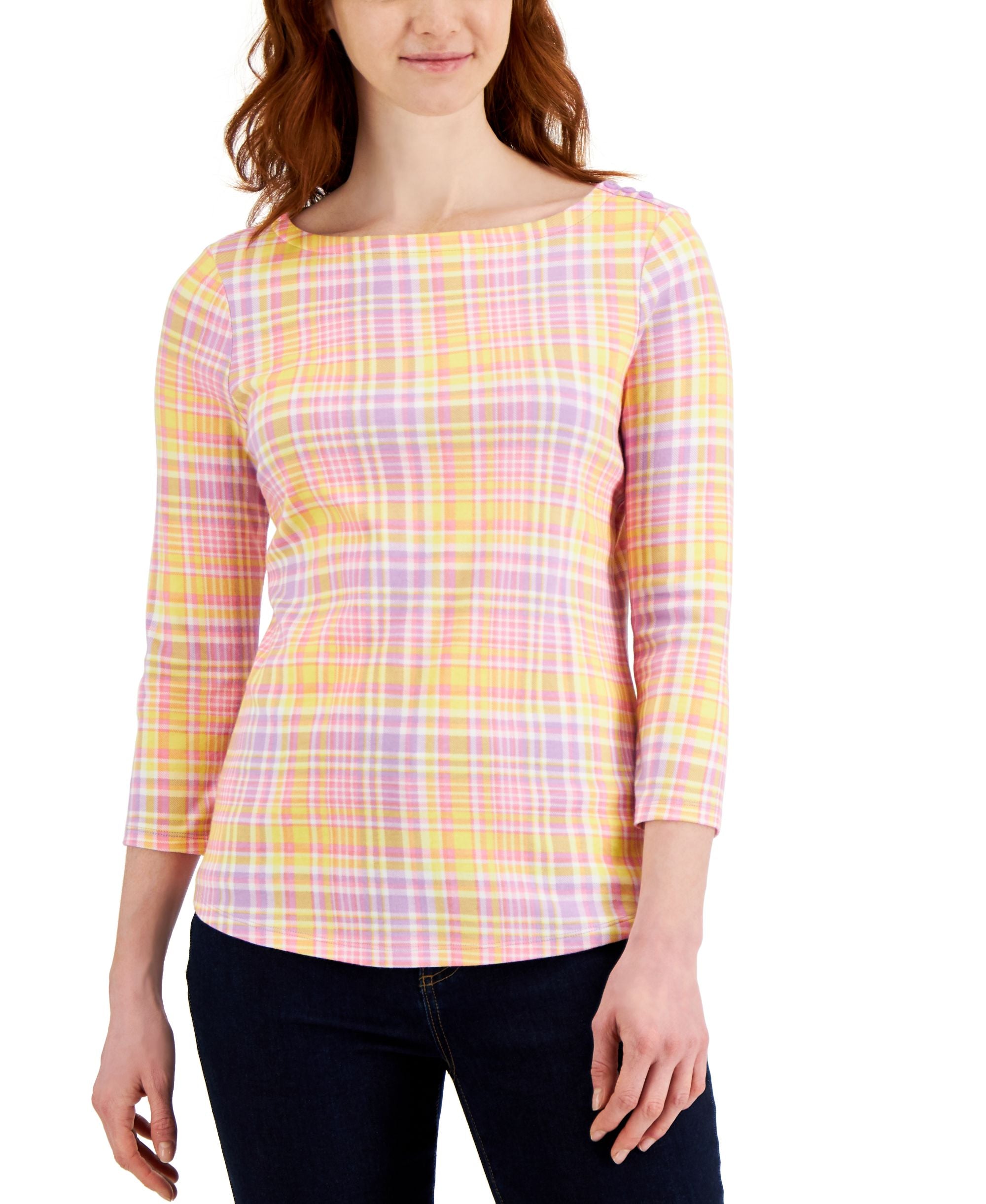 Charter Club Printed 3/4 Sleeve Boat Neck Top