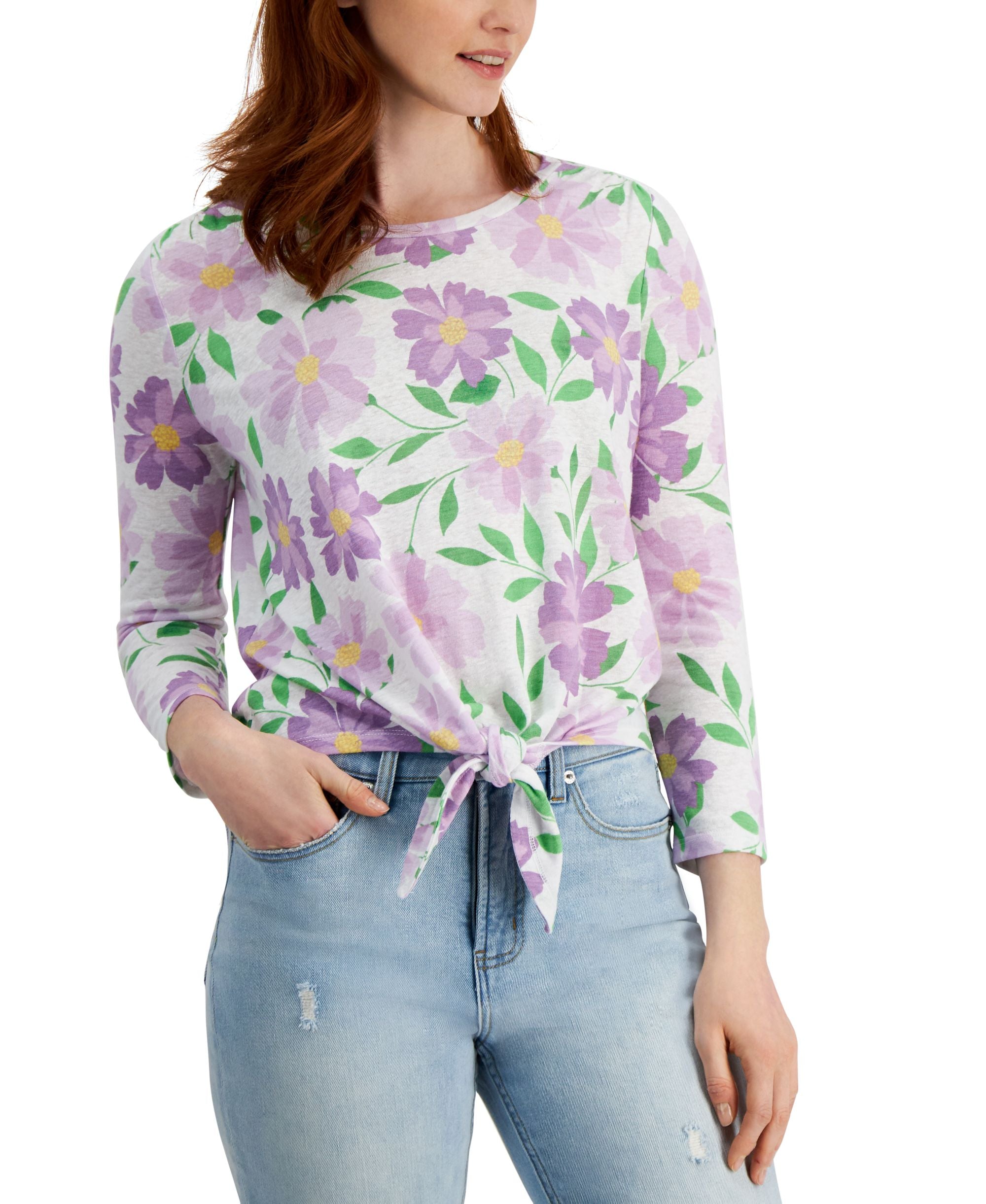 Charter Club Floral Print Tie Hem Top