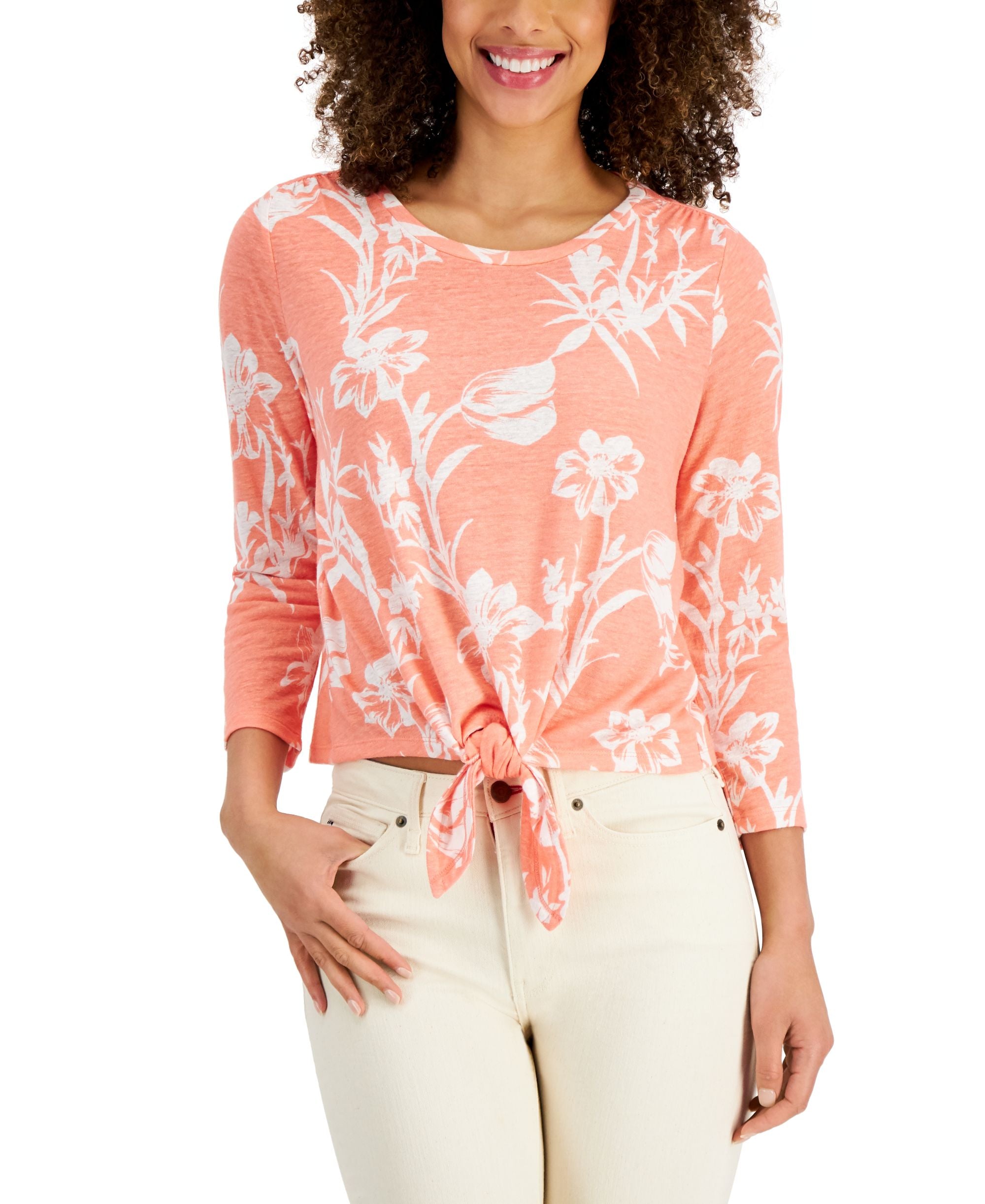 Charter Club Floral Print Tie Hem Top