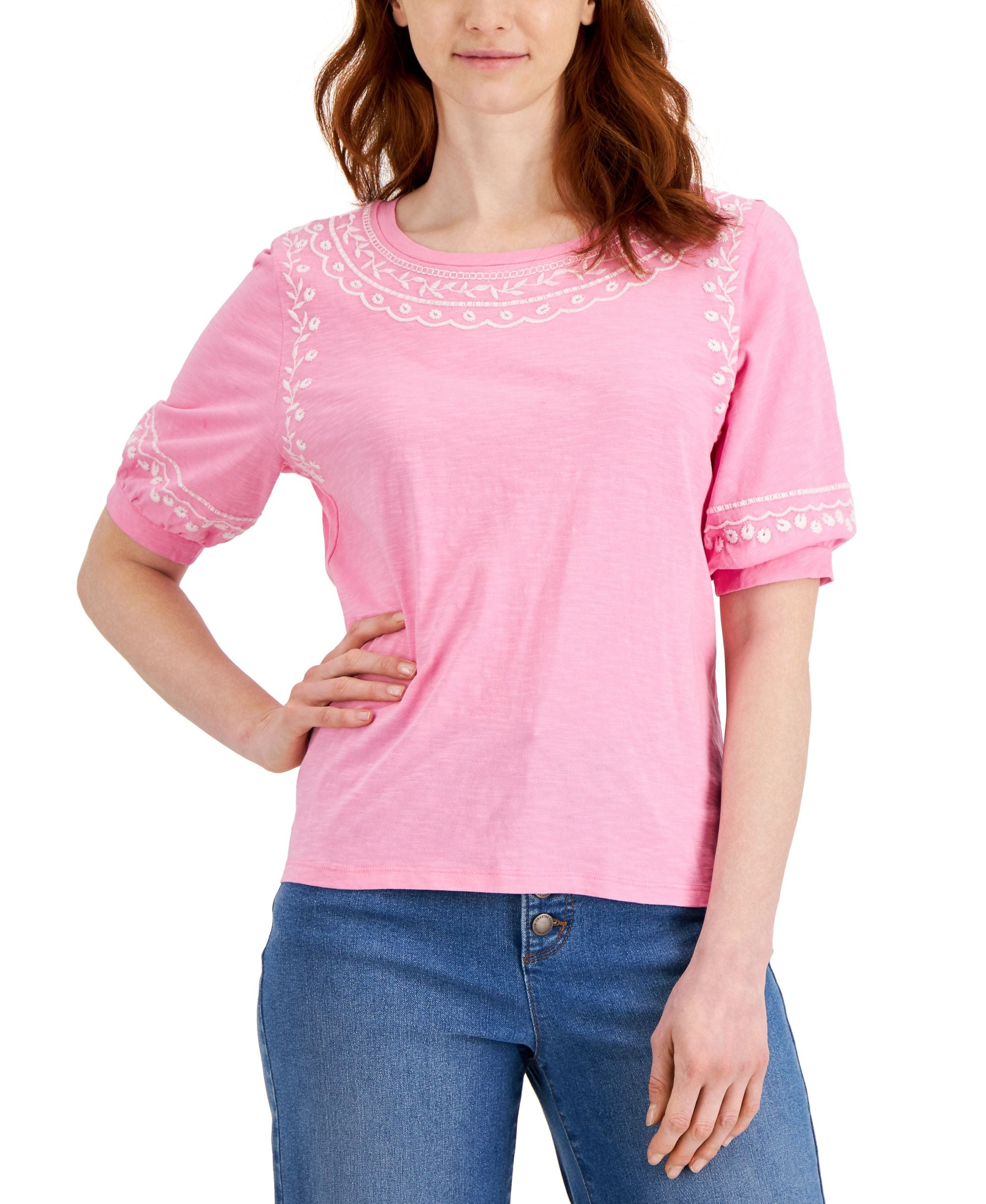 Charter Club Embroidered Elbow Sleeve Knit Top