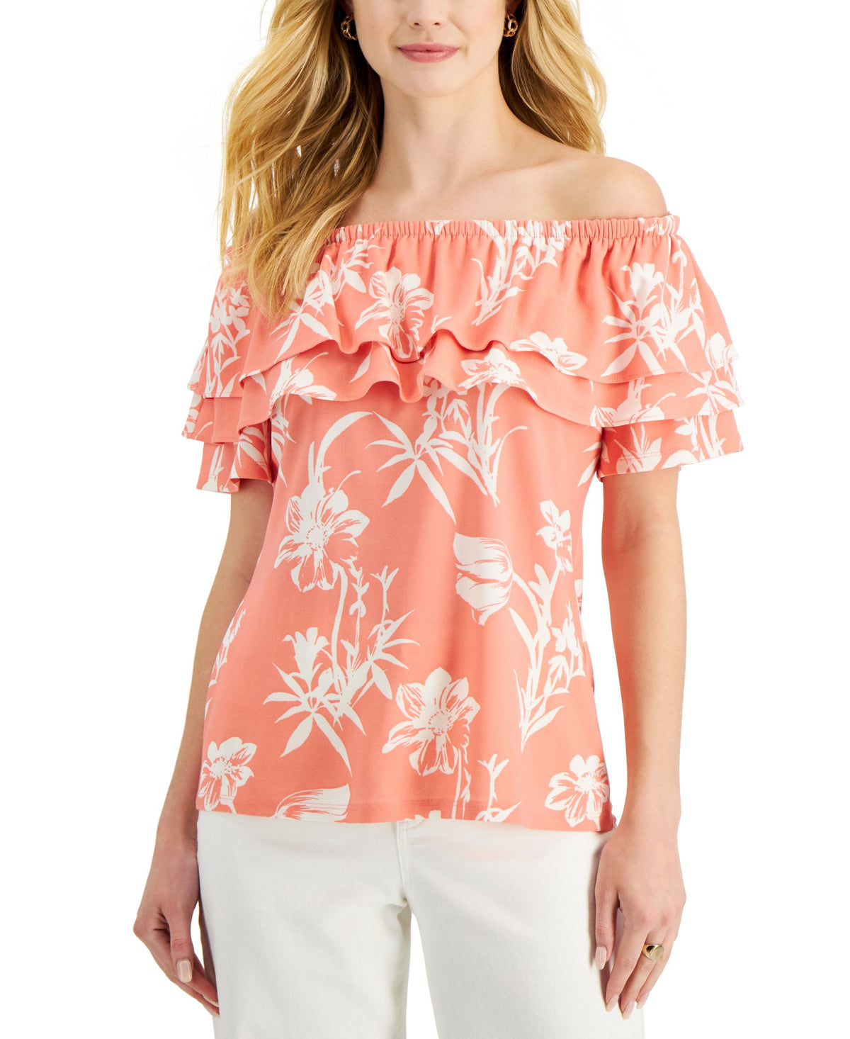 Charter Club Womens Printed Off The Shoulder Ruffled Knit Top