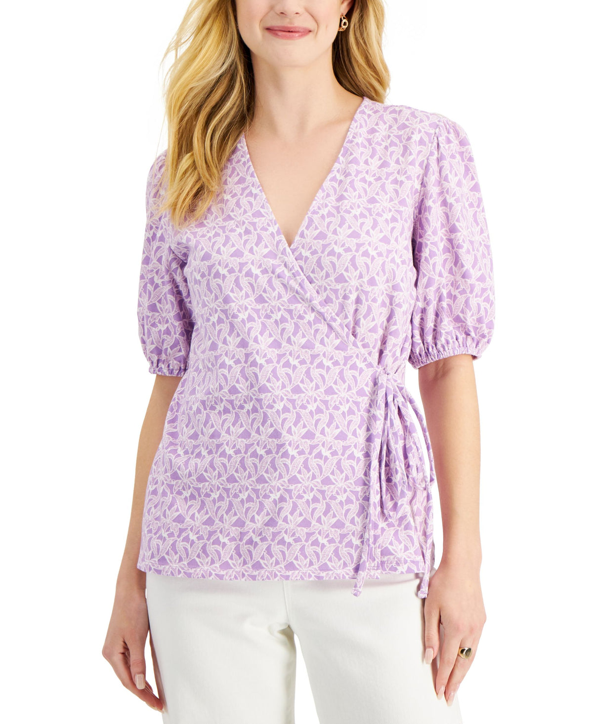 Charter Club Womens Floral Print Wrap Front Knit Top