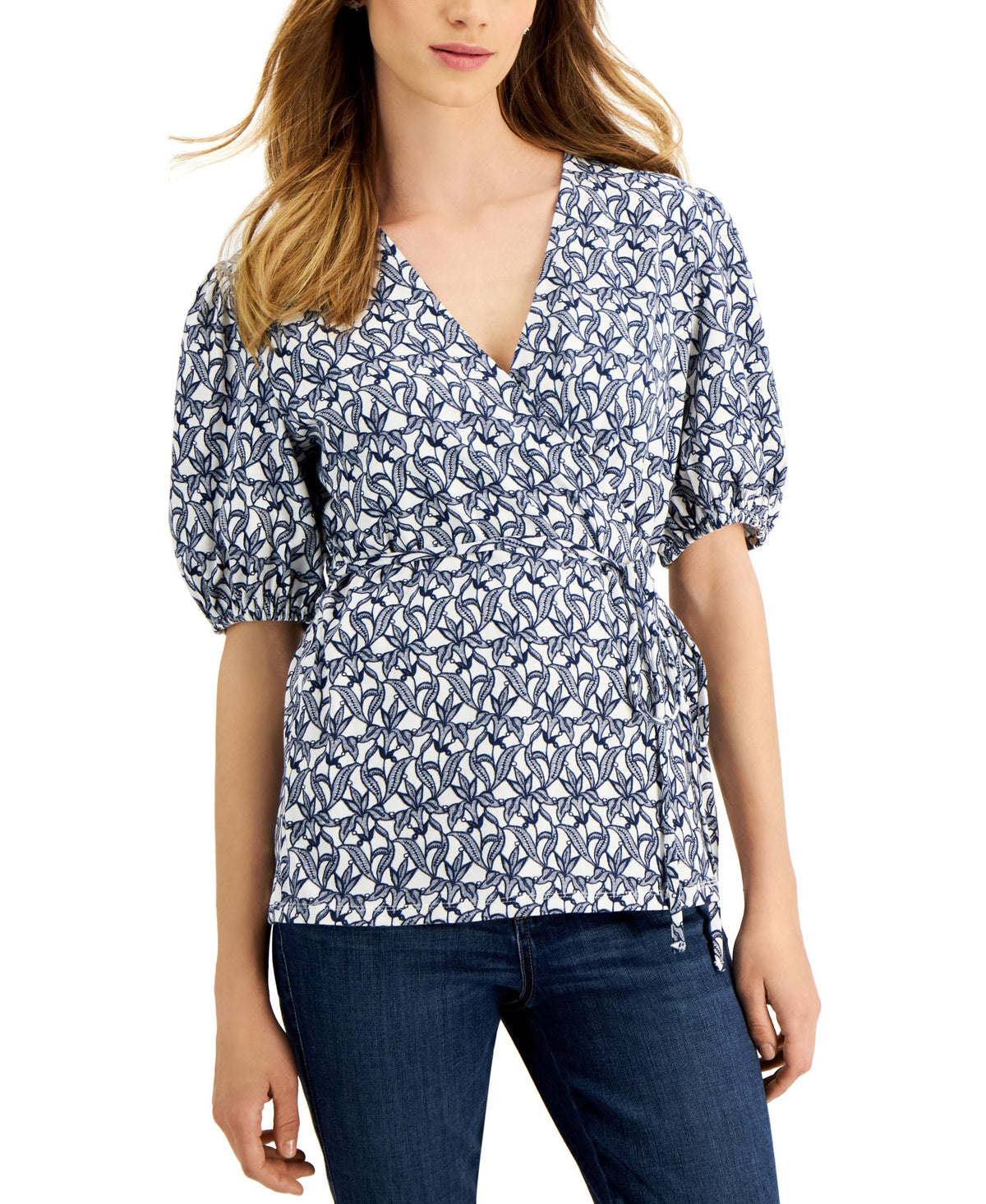 Charter Club Womens Floral Print Wrap Front Knit Top