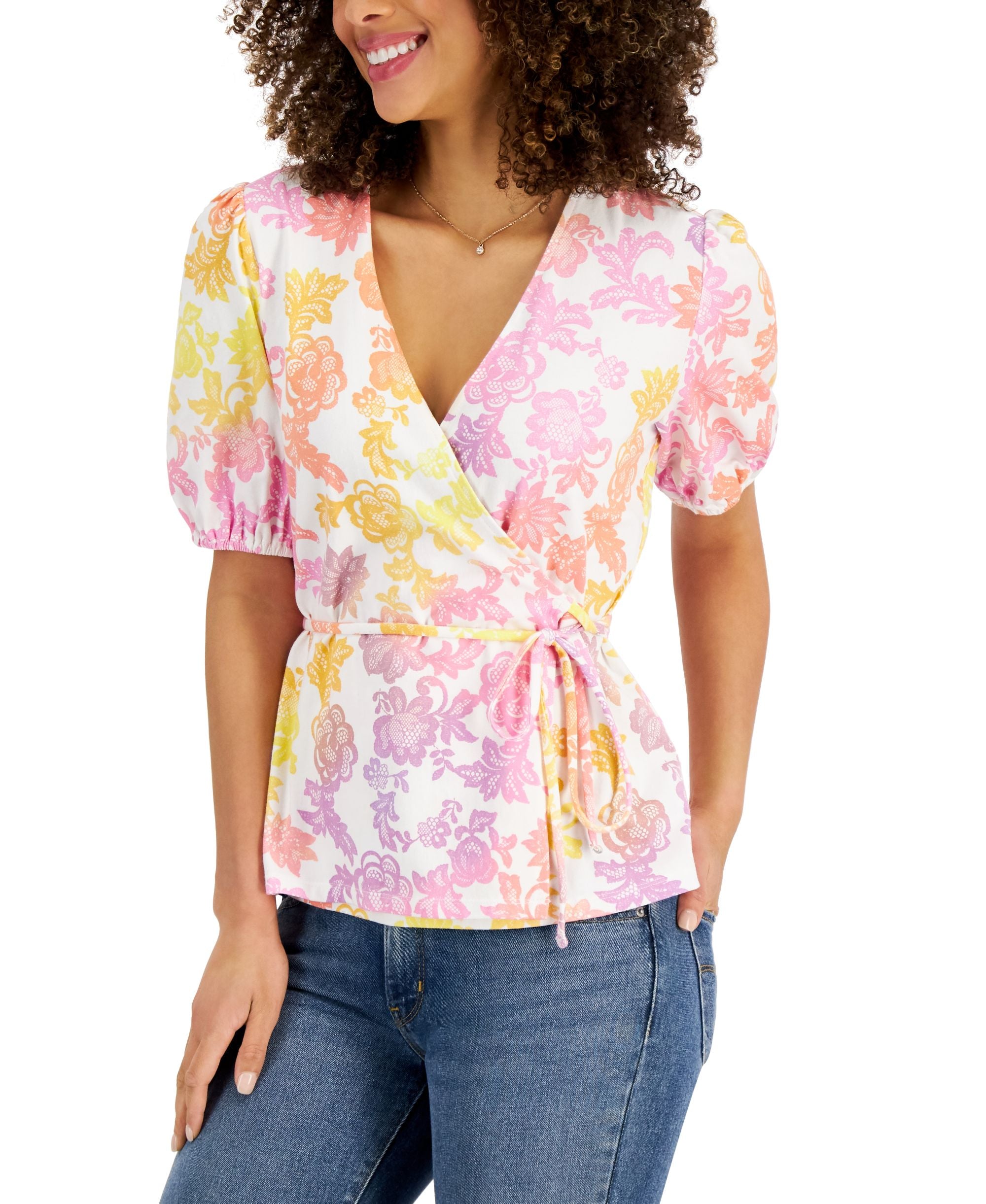 Charter Club Wrap Front Puff Sleeve Printed Top