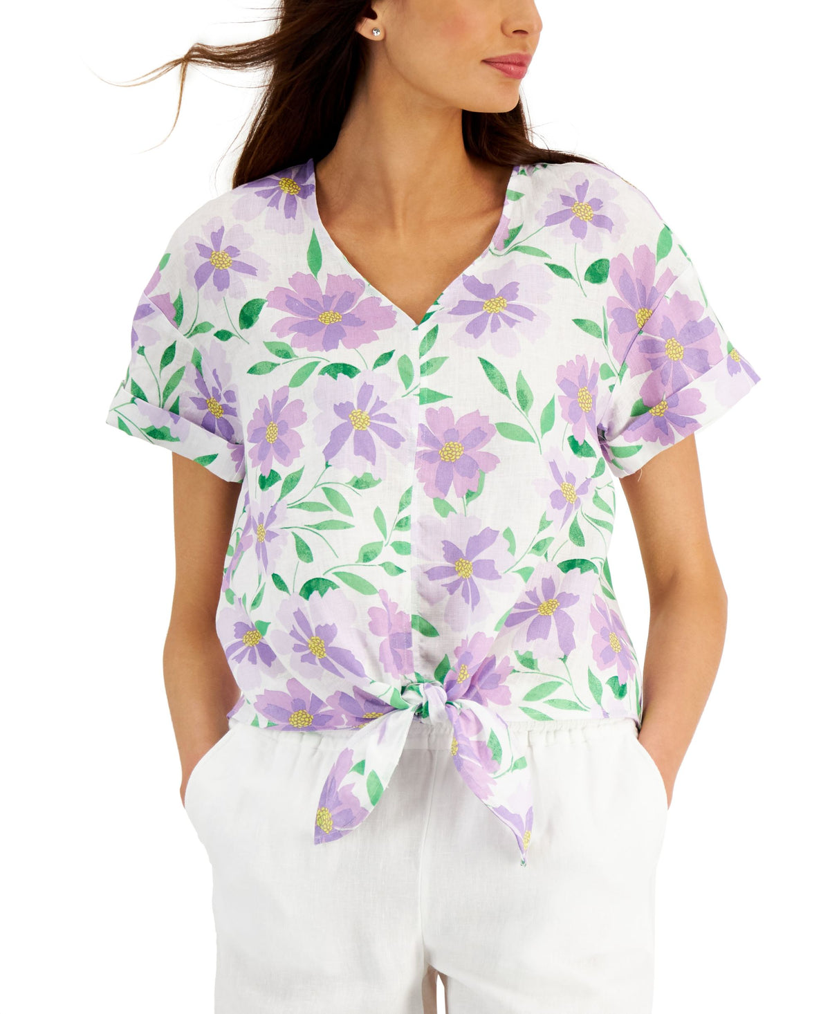 Charter Club Petite Floral Linen Tie Front Top