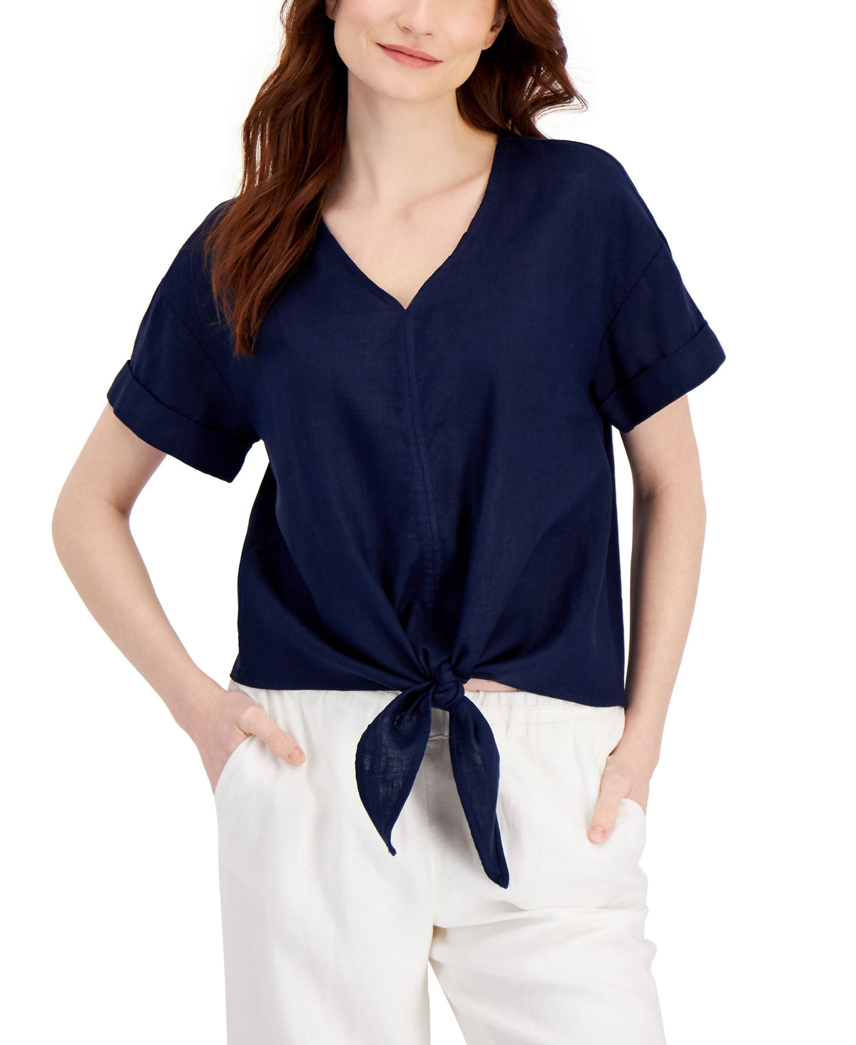 Charter Club Linen Tie-Front Top