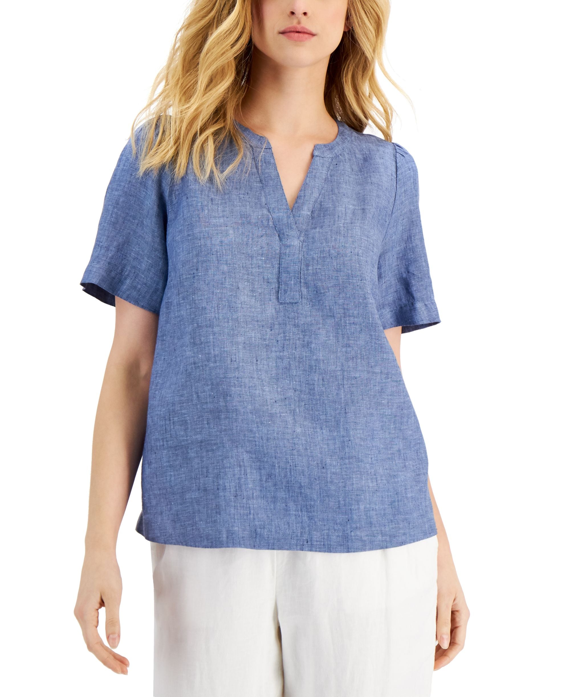 Charter Club Petite Linen Split Neck Top