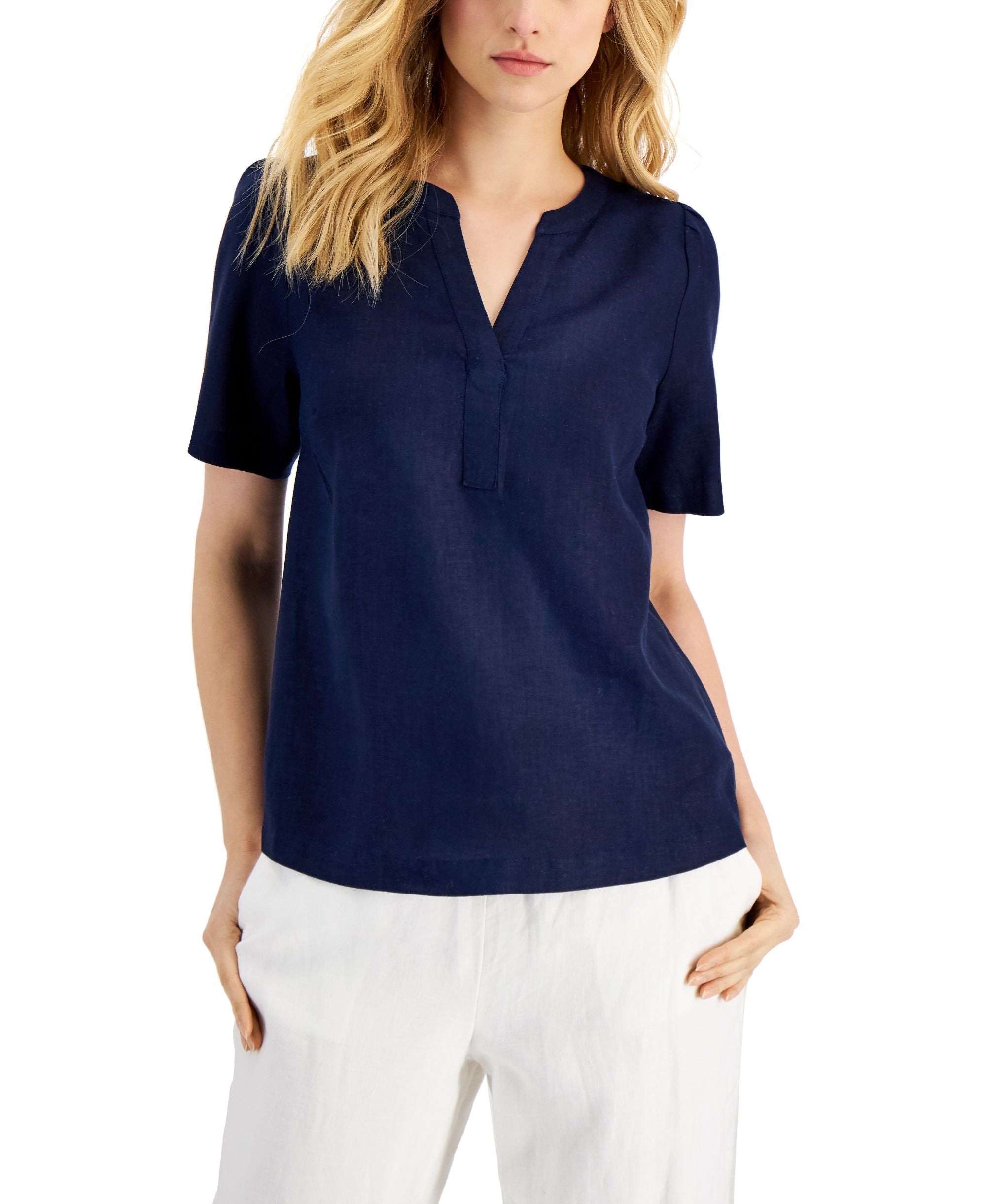 Charter Club Linen Split-Neck Top