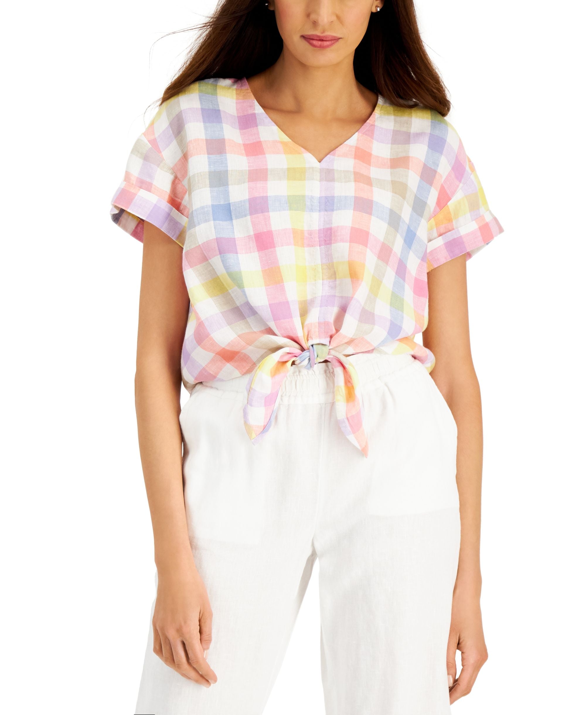 Charter Club Petite Linen Gingham Tie Front Top