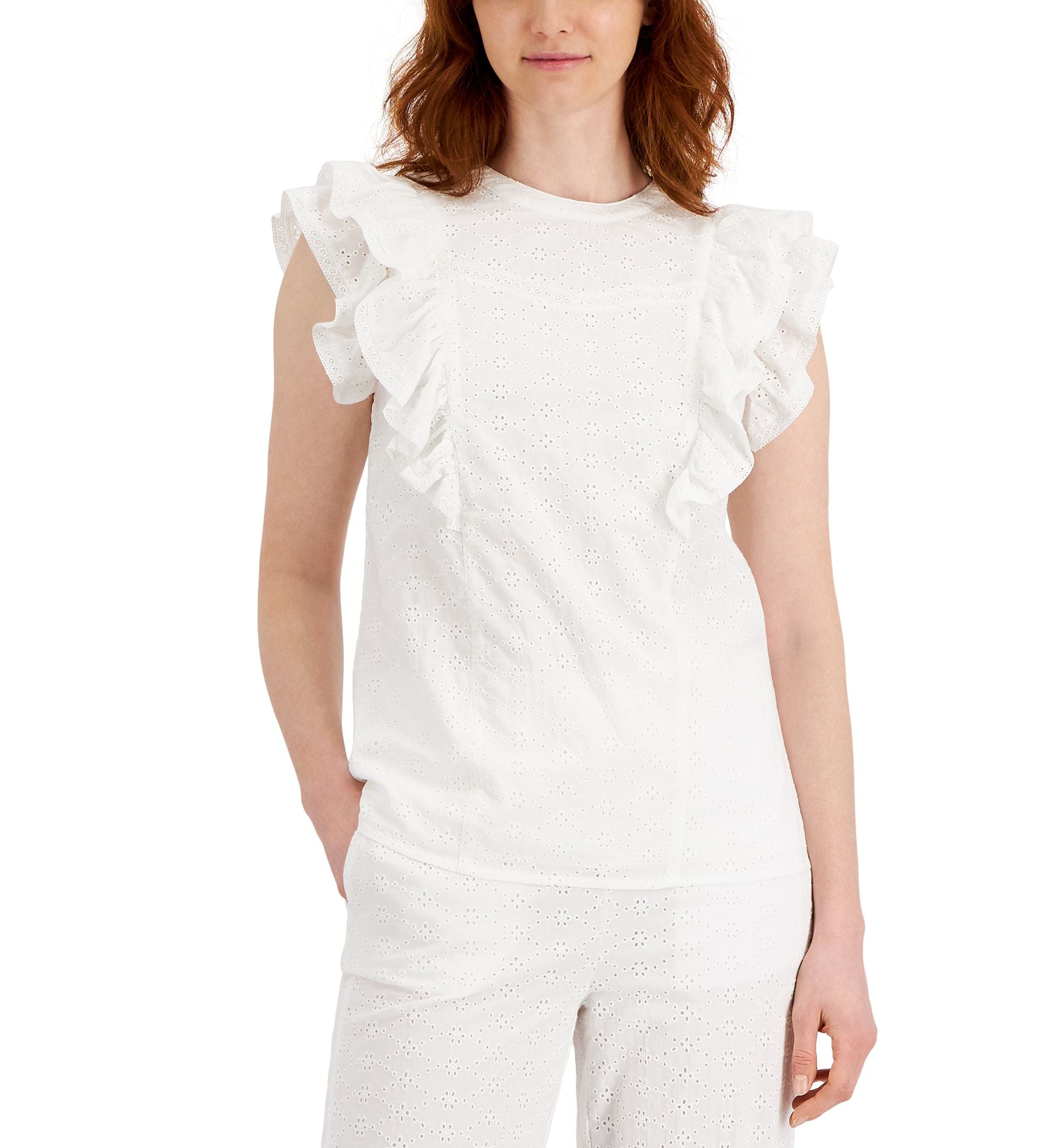 Charter Club Solid Flutter Sleeve Eyelet Top