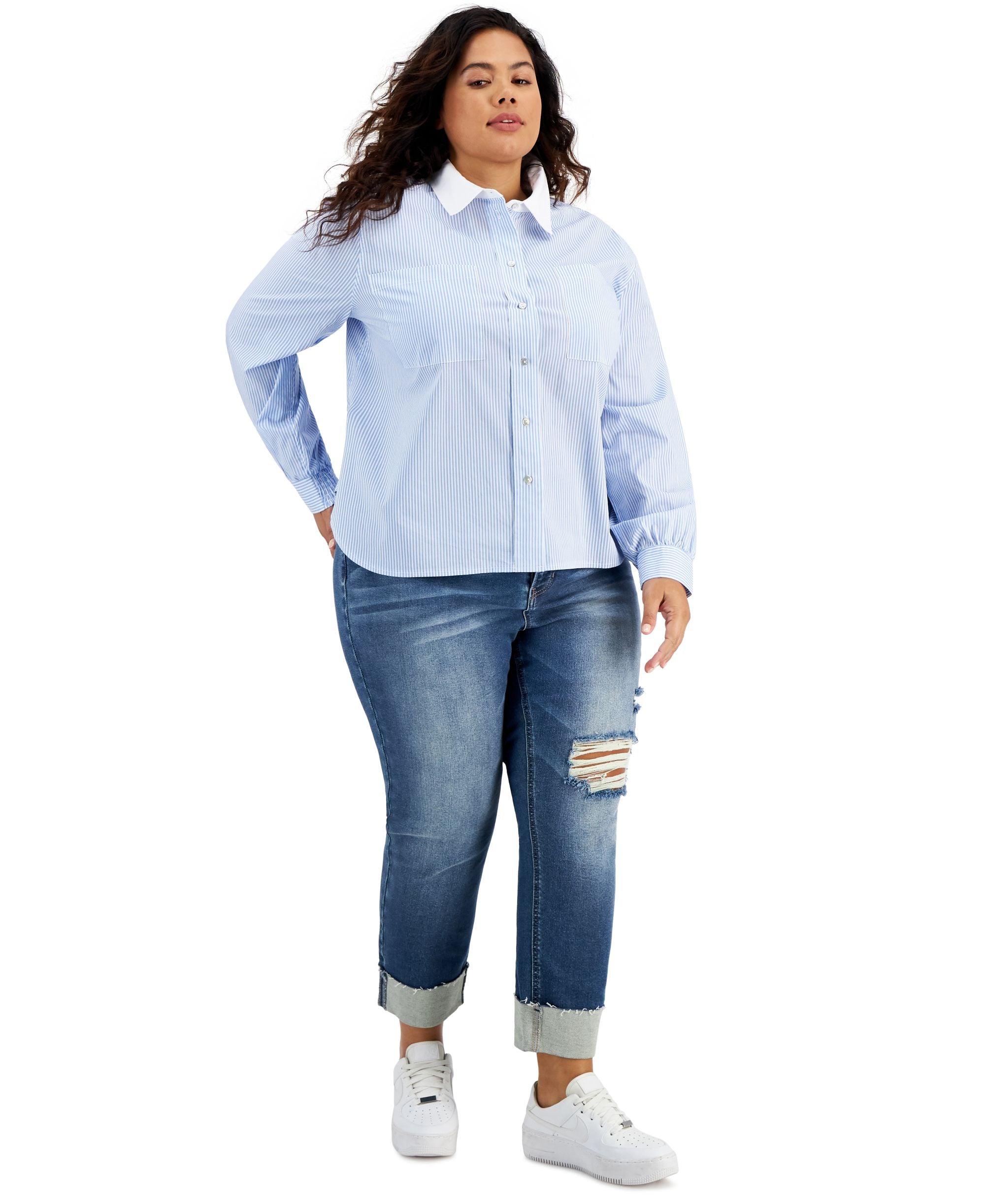 Now This Trendy Plus Size Cotton Striped Poplin Shirt