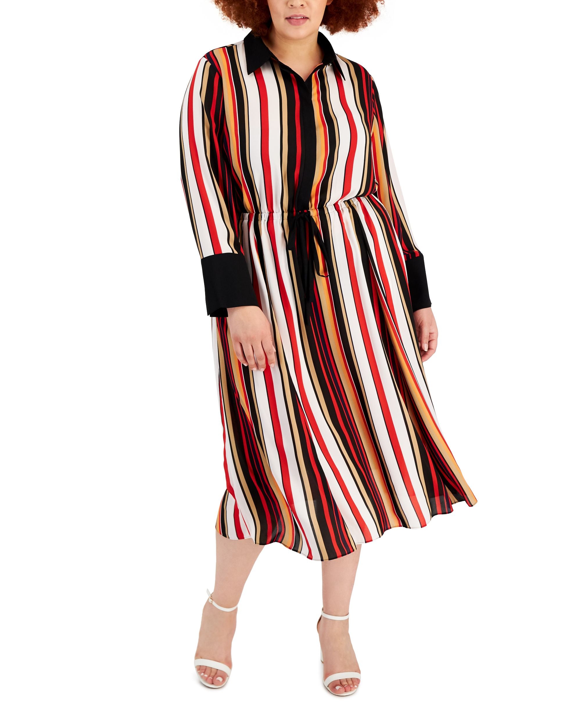 Anne Klein Plus Size Striped Drawstring Shirtdress