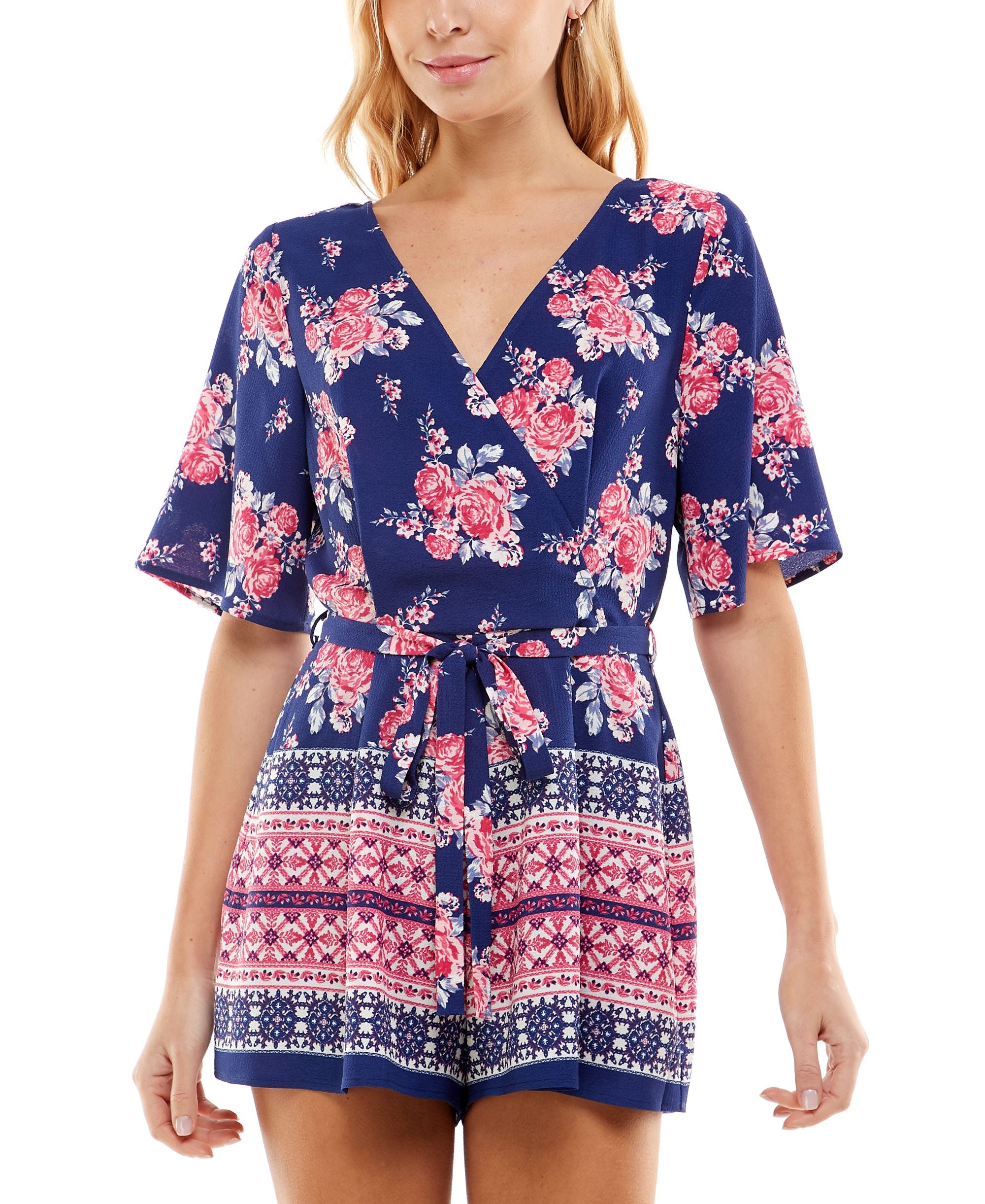 Trixxi Womens Juniors Surplice Printed Romper