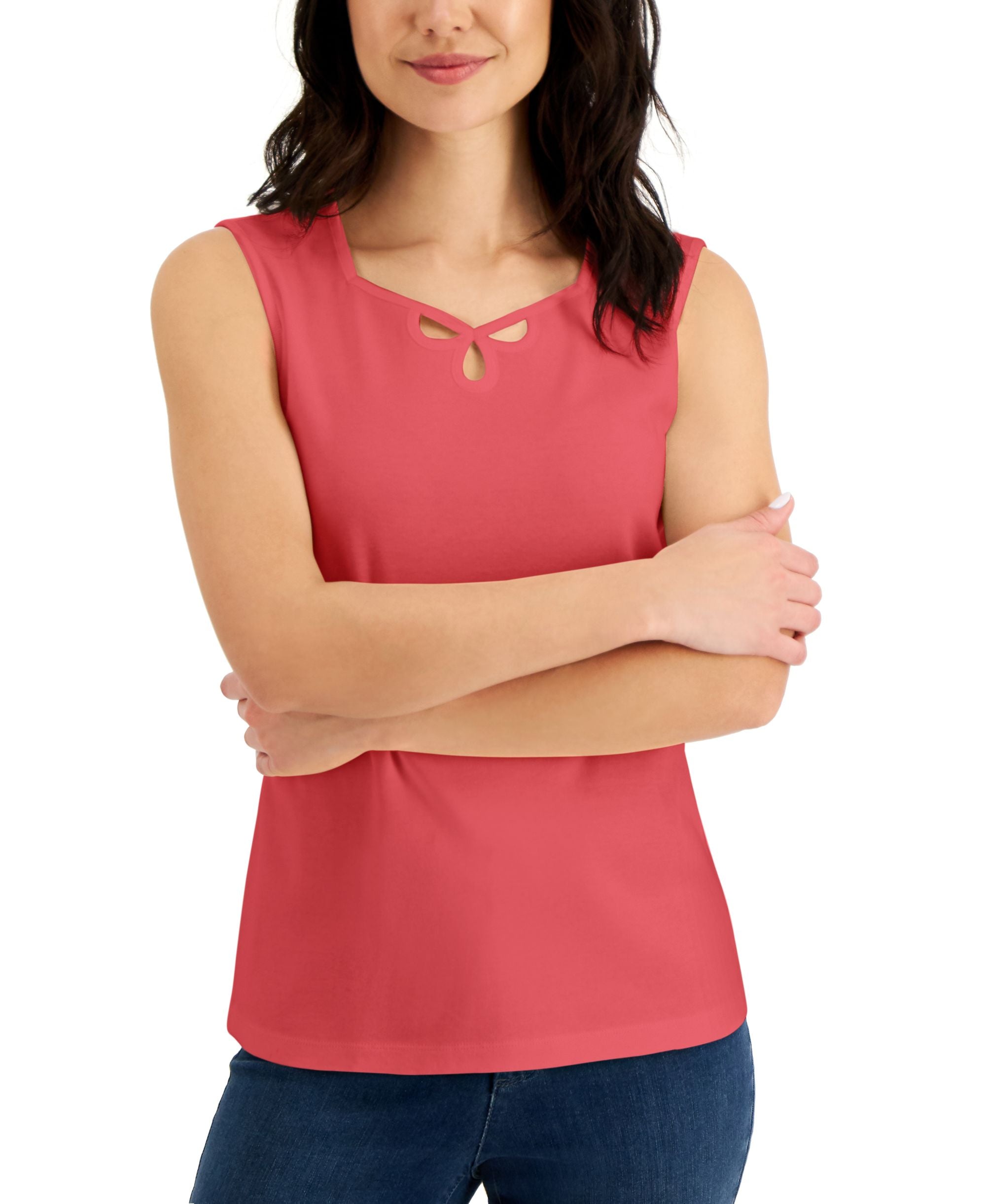 Karen Scott Cotton Sweetheart Neck Keyhole Cutout Top