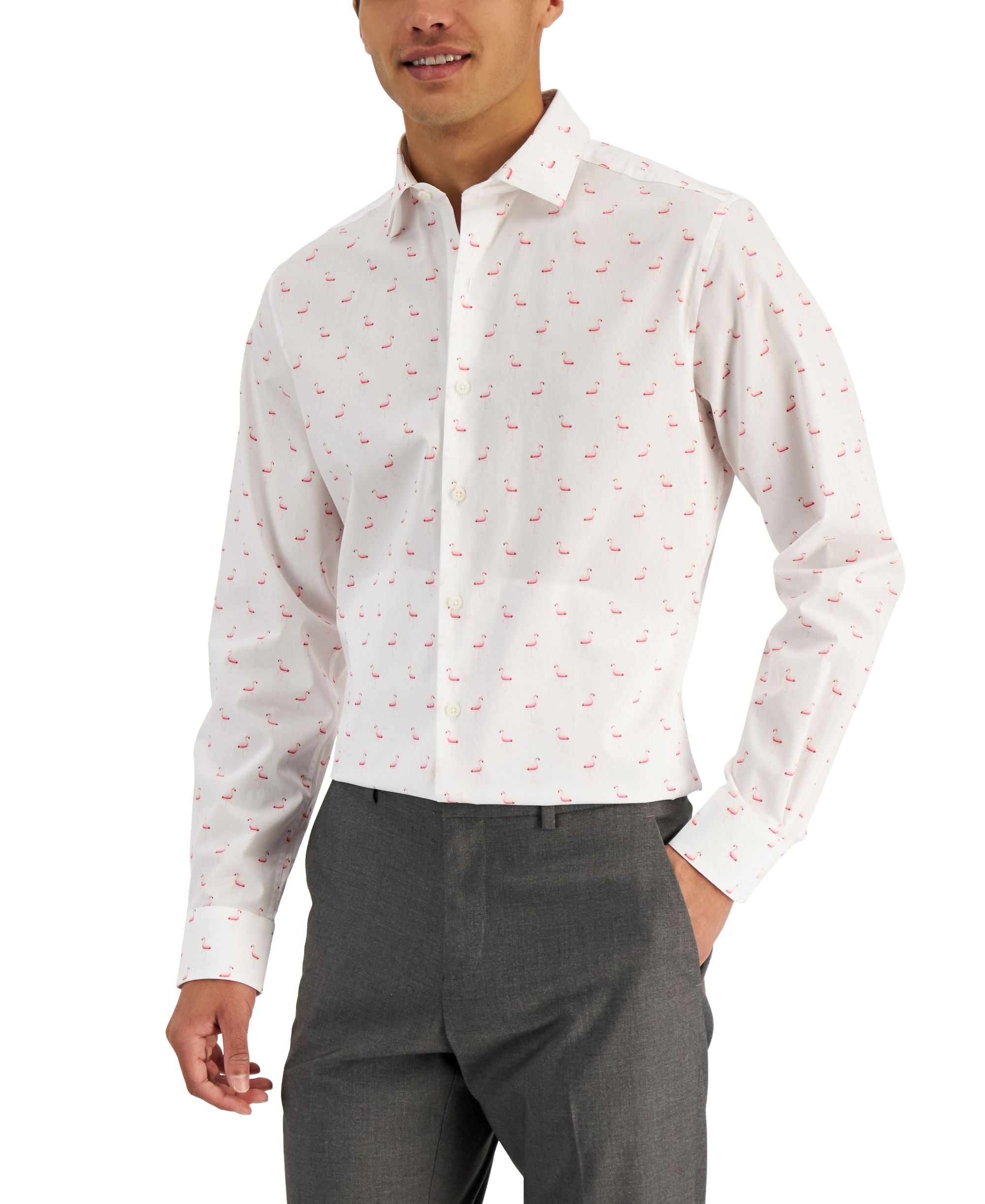 Bar III Mens Slim Fit Flamingo Print Dress Shirt