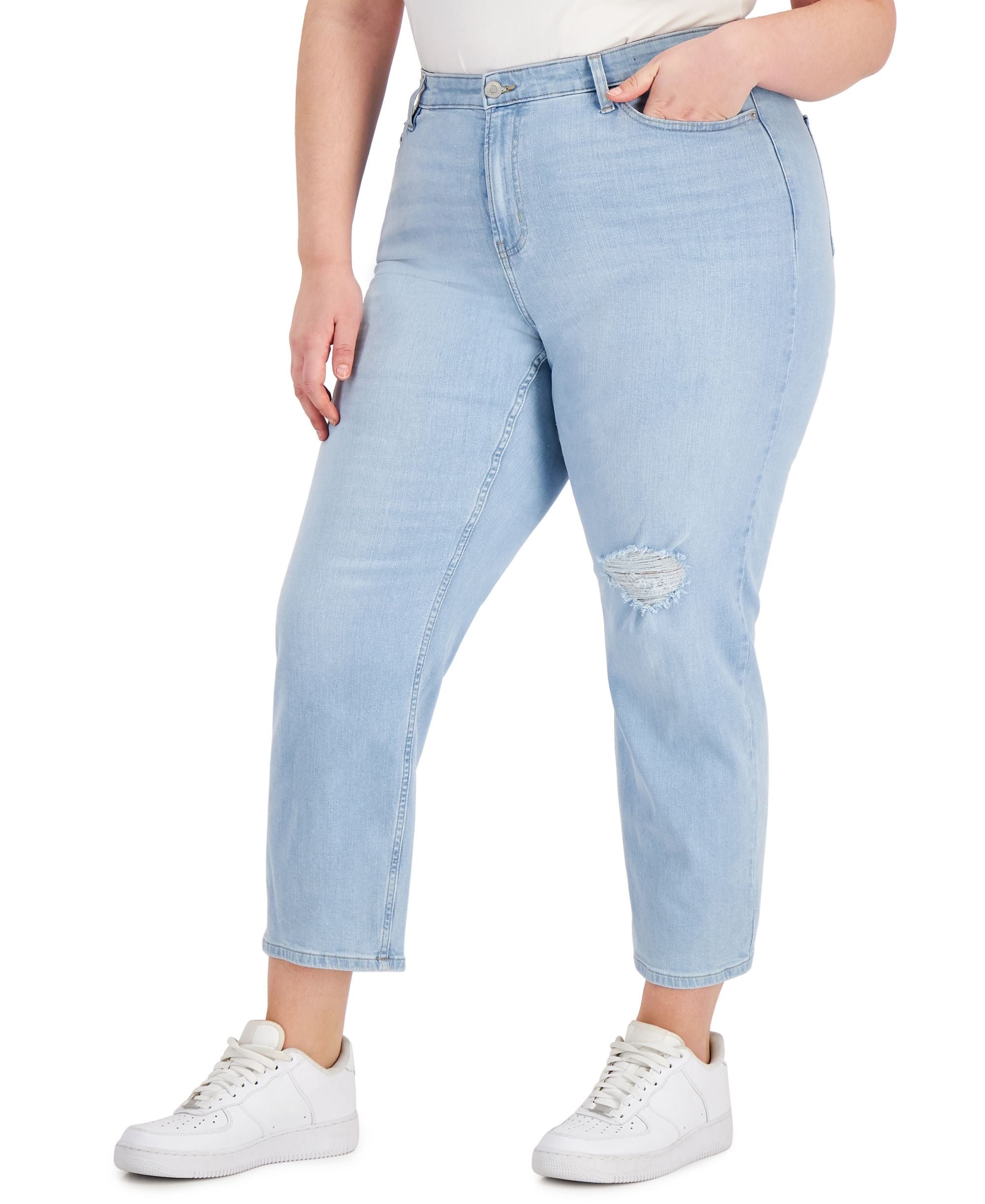 Calvin Klein Jeans Trendy Plus Size Destructed High Rise Straight Leg Jeans