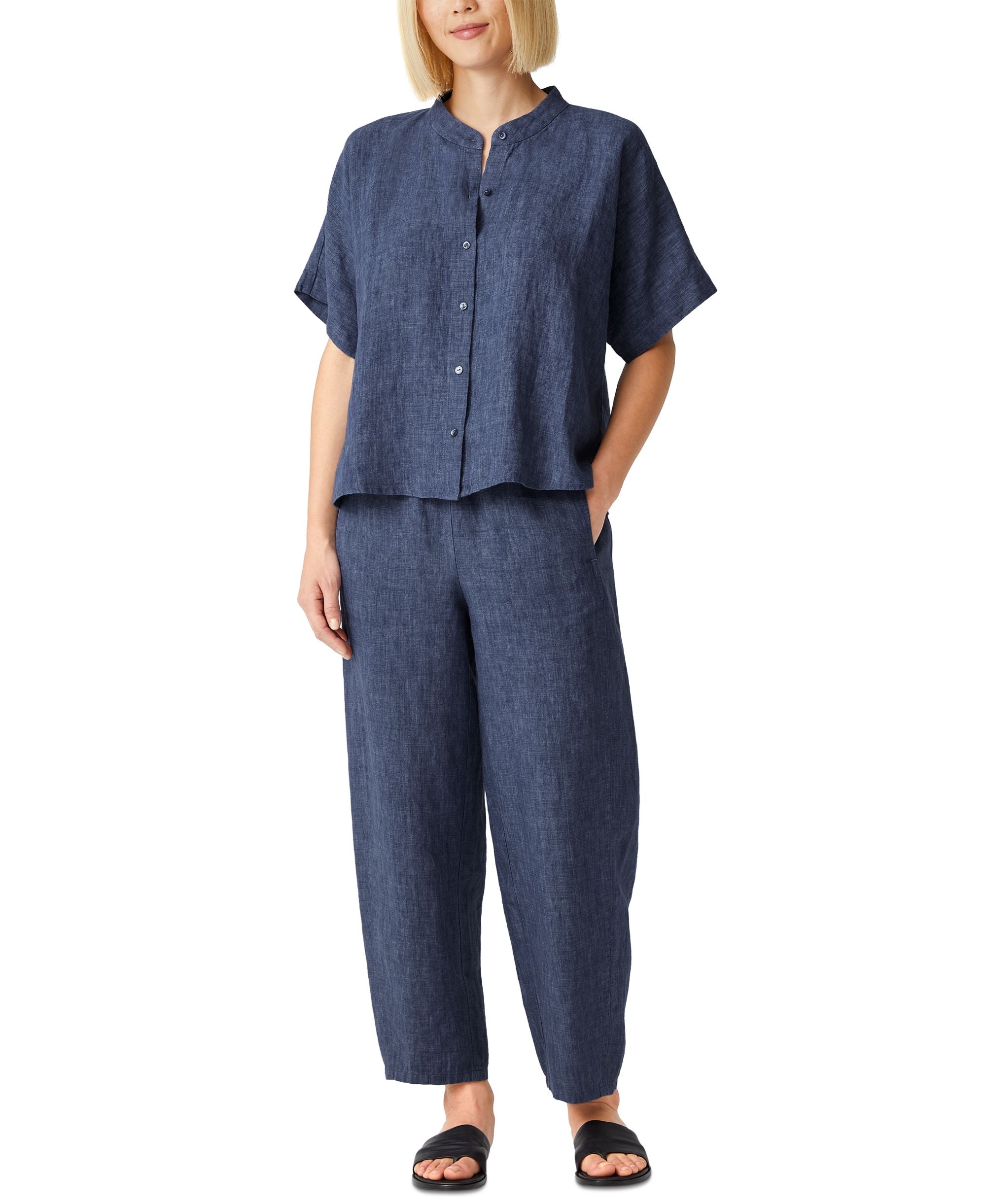 Eileen Fisher Petite Organic Linen Mandarin Collar Shirt