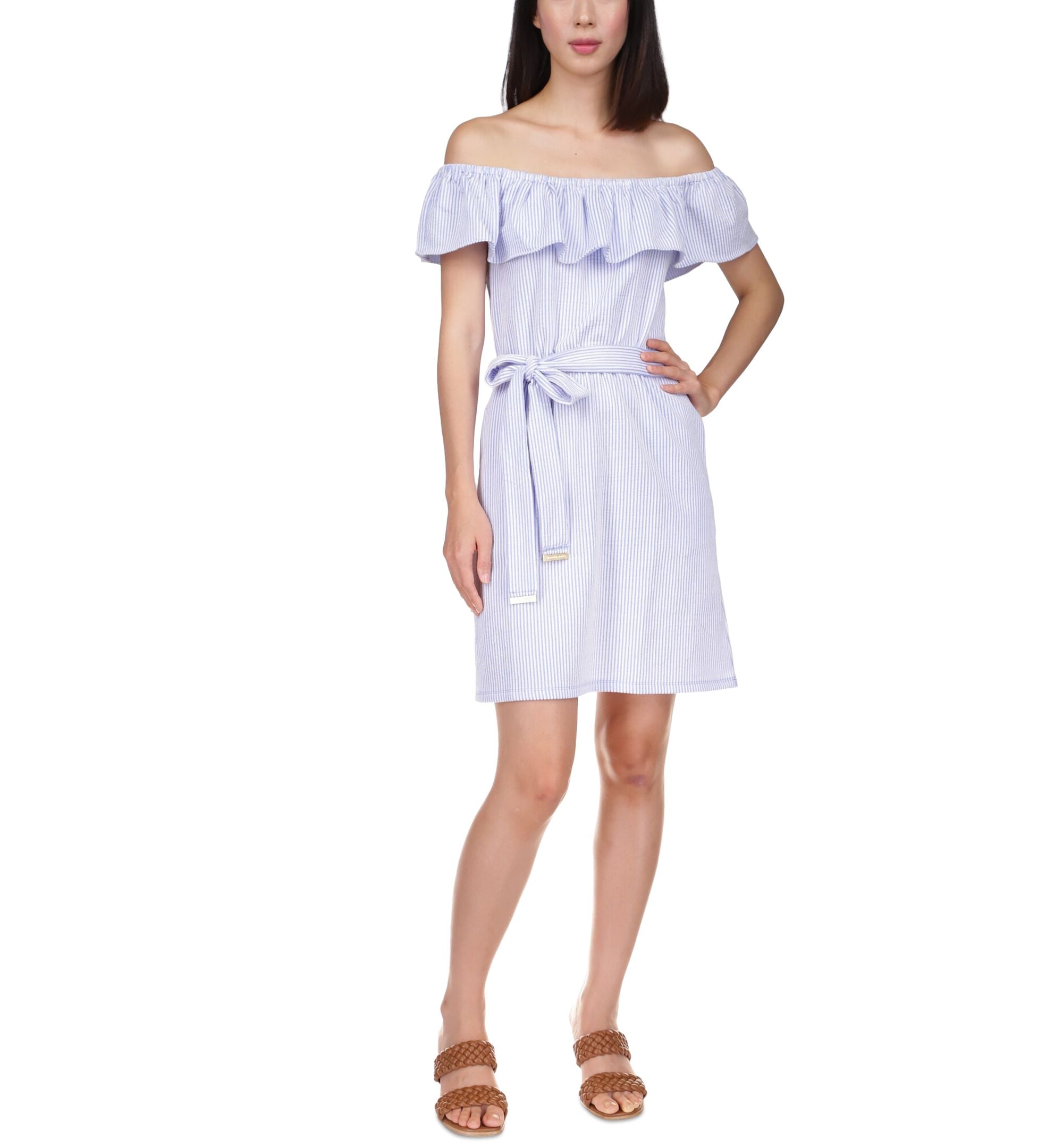 MICHAEL KORS Womens Ruffled Belted Elastic Waist Striped Flutter Sleeve Off Shoulder Short Party Sheath Dress