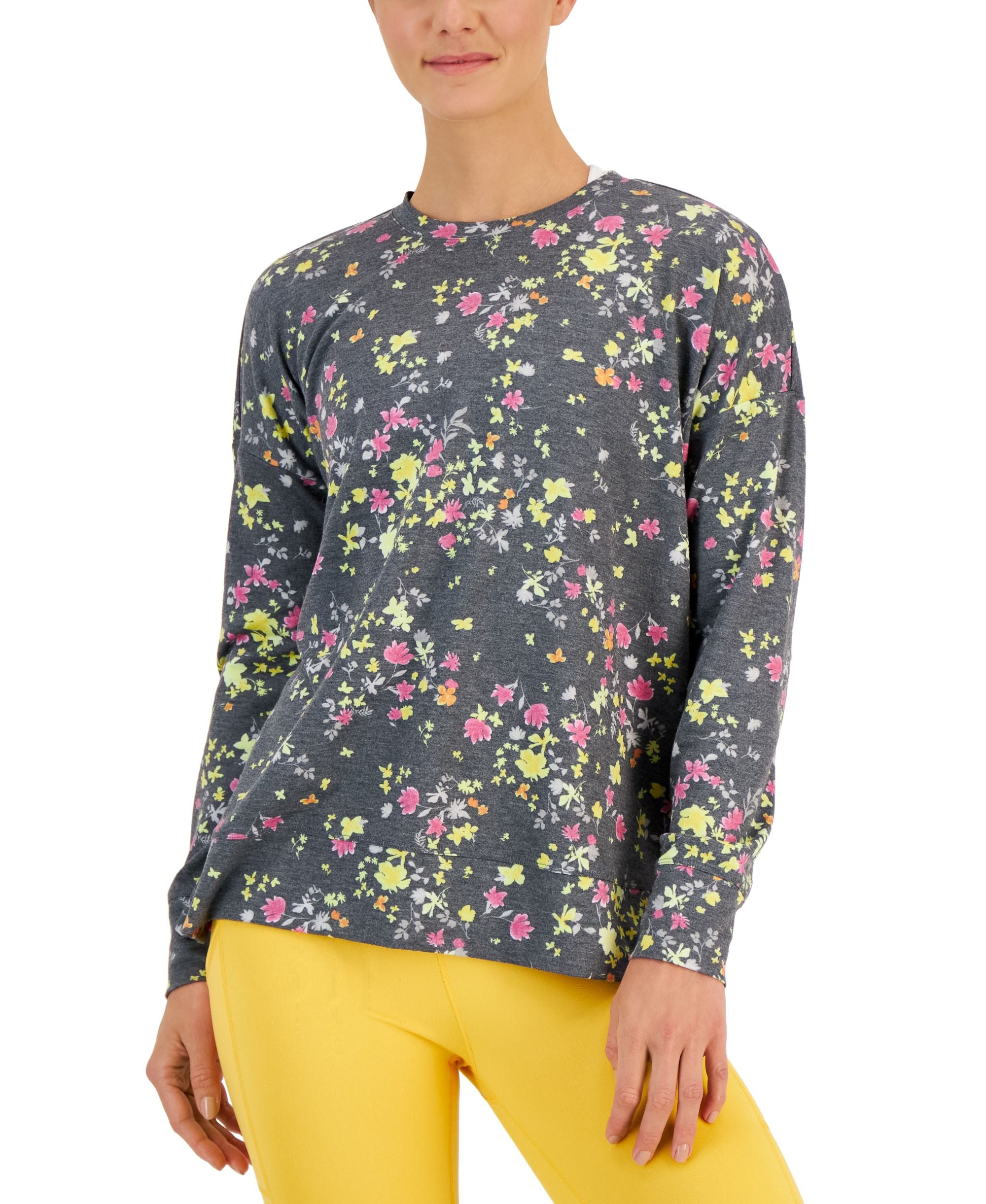 ID Ideology Womens Active Pansy Print Side Slit Relaxed Crewneck Sweatshirt