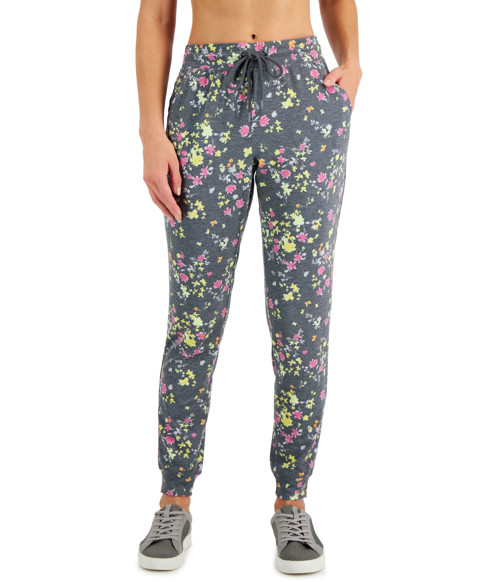 ID Ideology Womens Floral Print Pansy Slim Fit Drawstring Jogging Pants