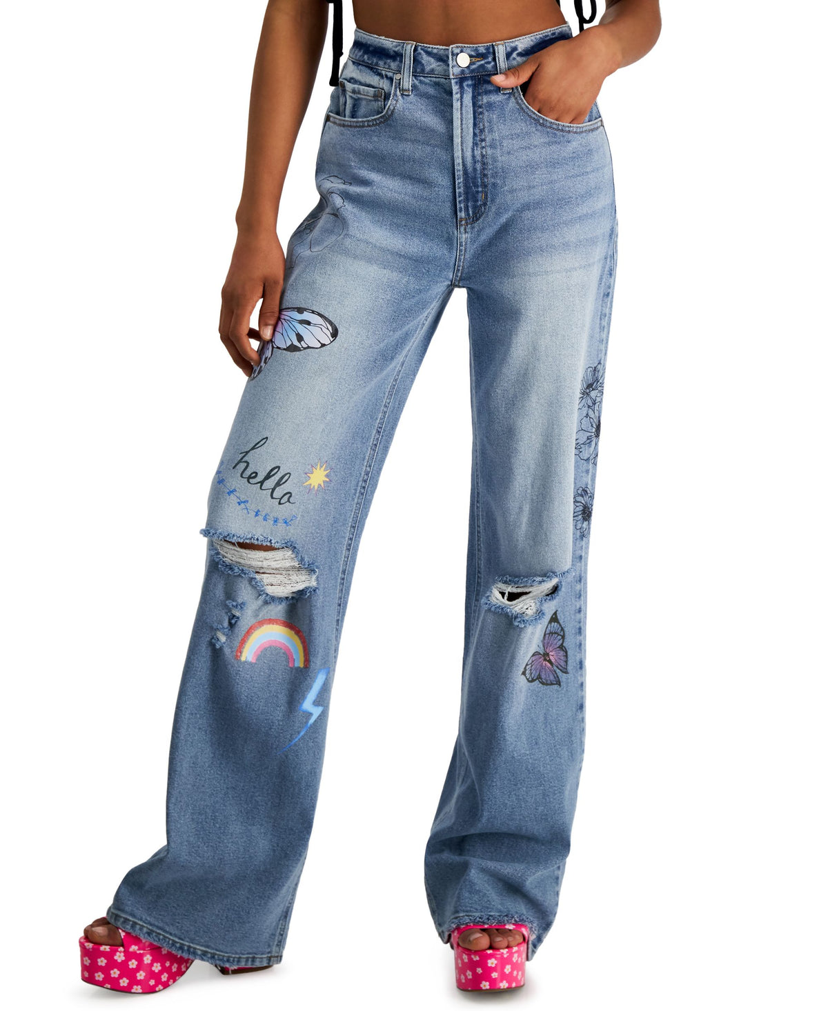 Juniors' Graphic Ripped Wide-Leg Jeans