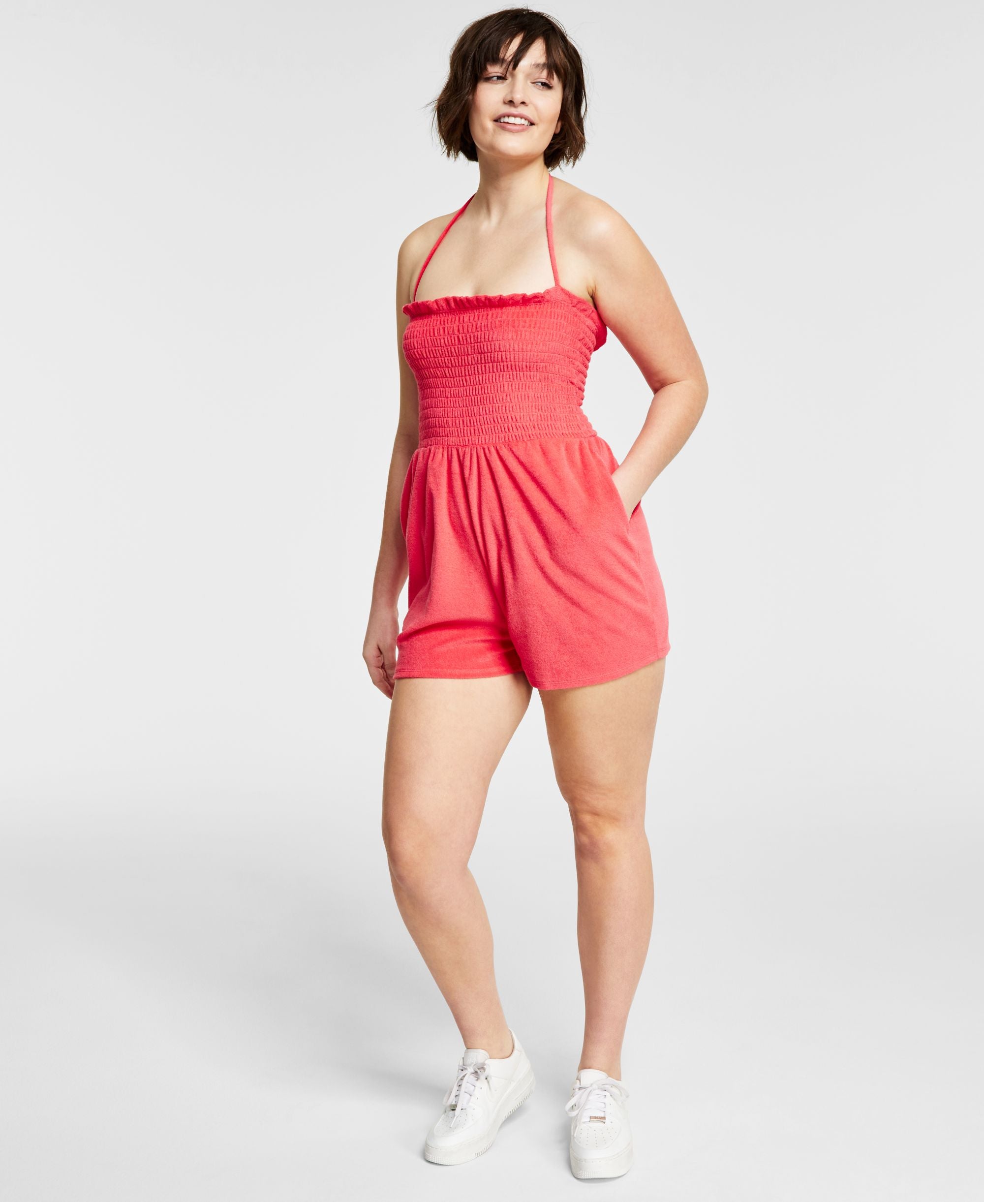 Bar III Womens Tie Neck Terry Cloth Romper