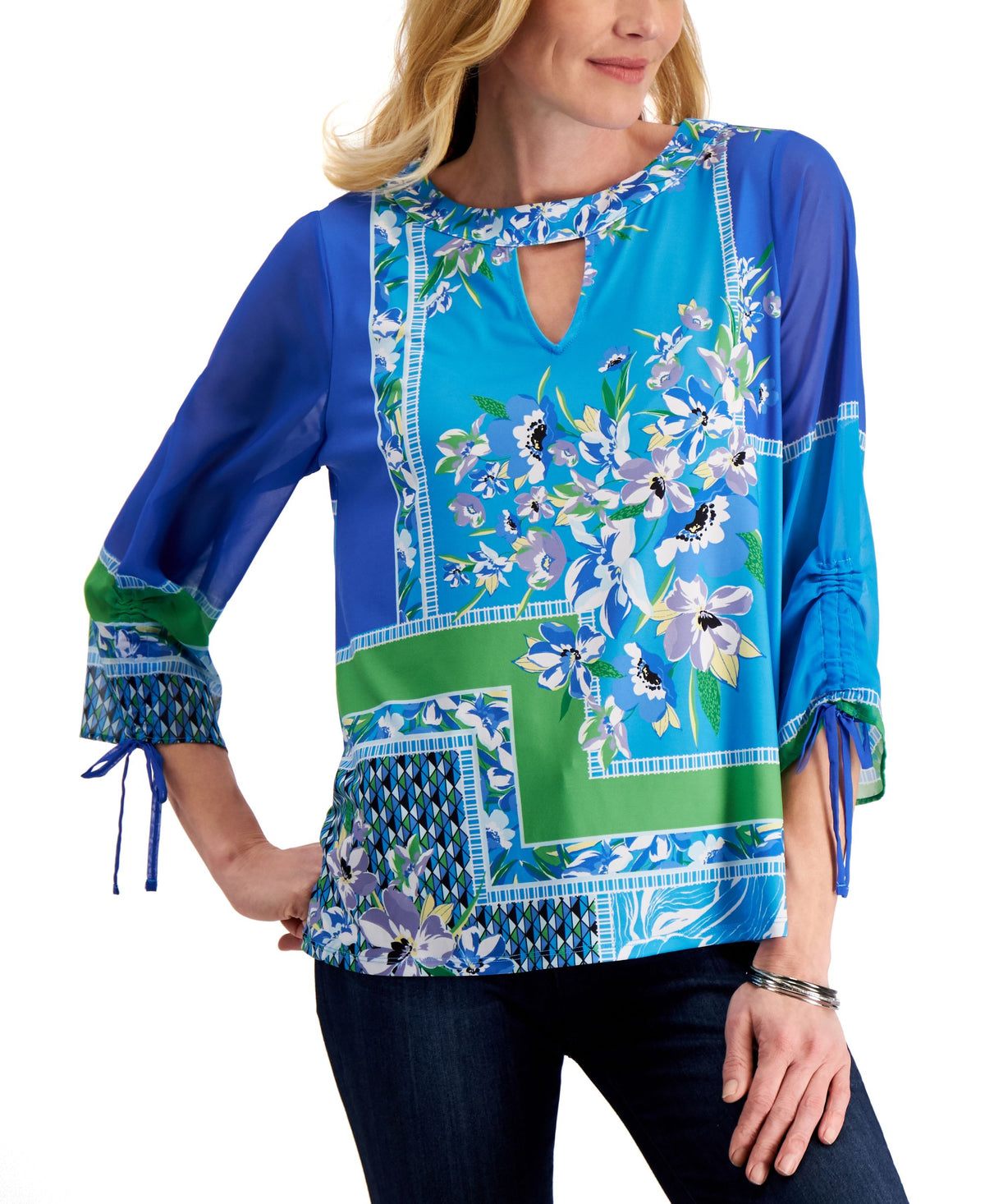 JM Collection Floral Print Keyhole Top