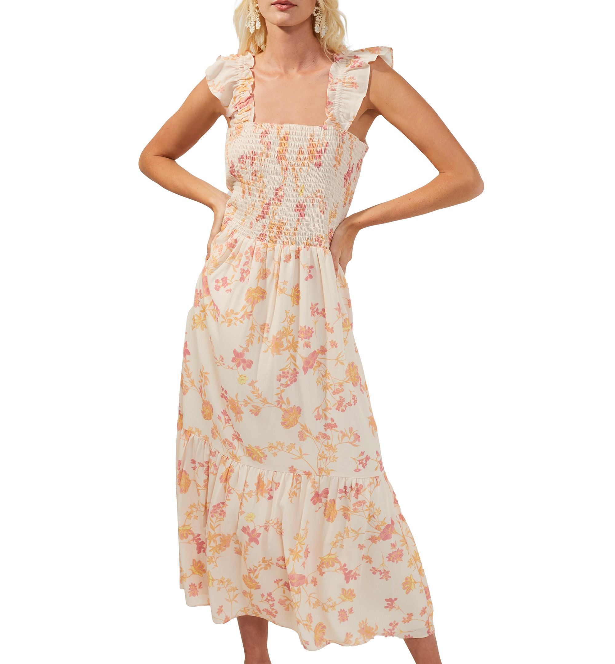 French Connection Smocked Printed Midi Dress