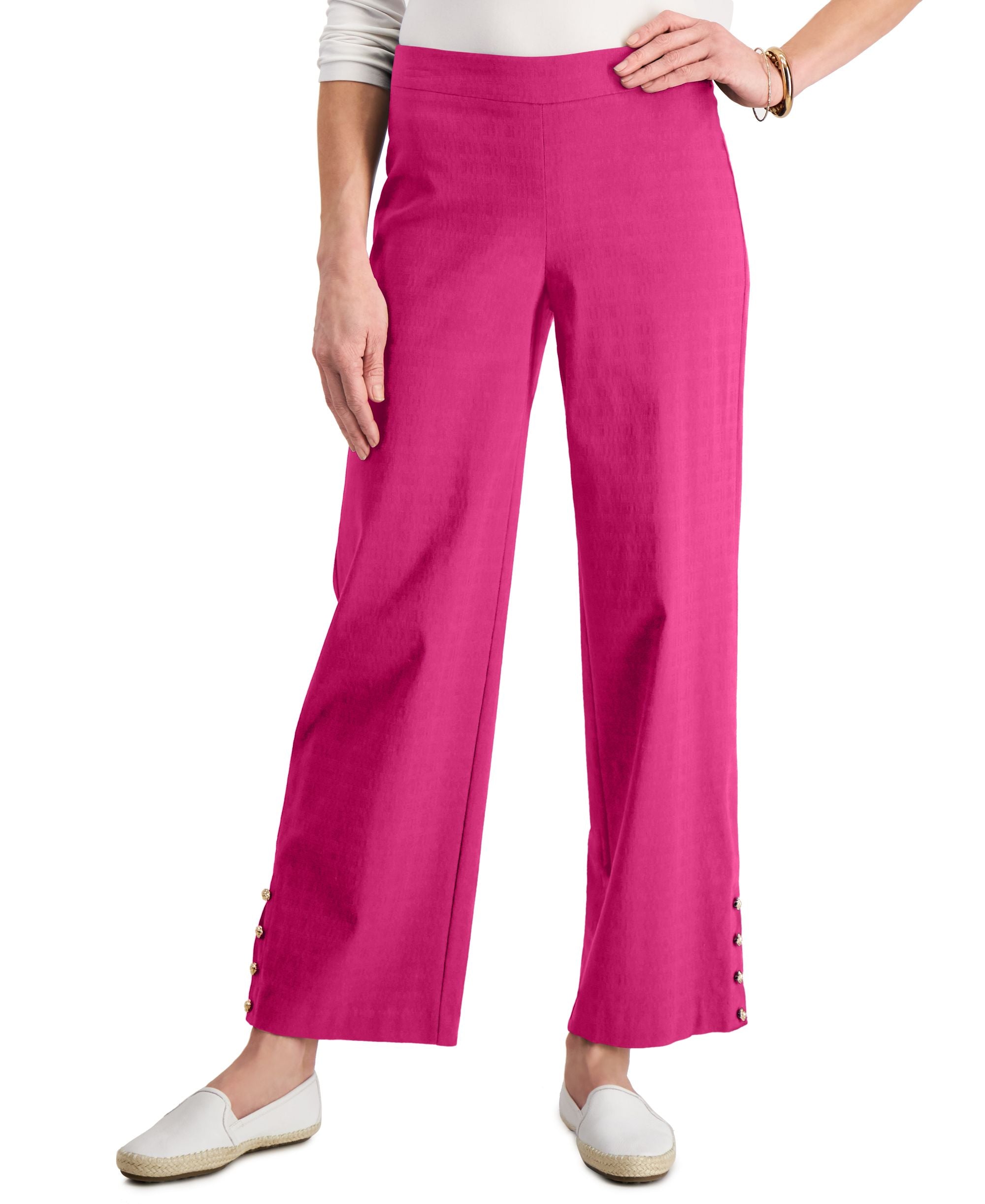 JM Collection Petite Button-Hem Textured Wide-Leg Pants