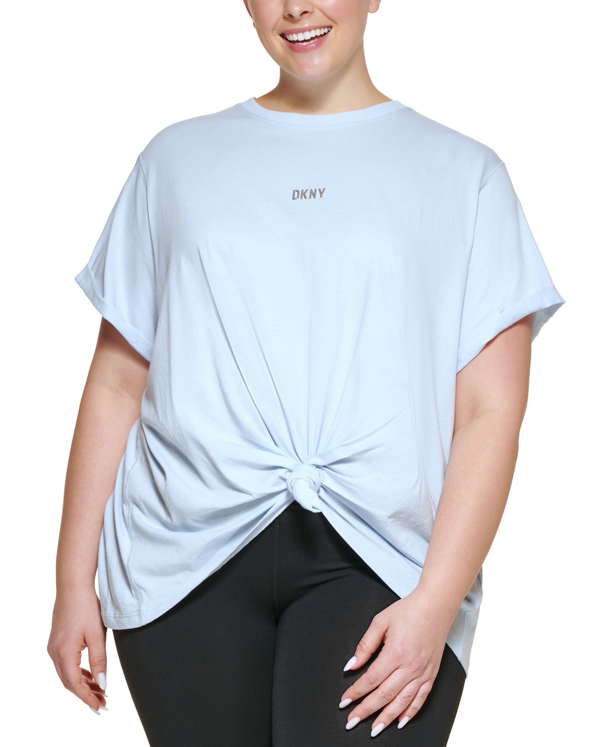 DKNY Sport Plus Size Knot Front Metallic Logo T-Shirt