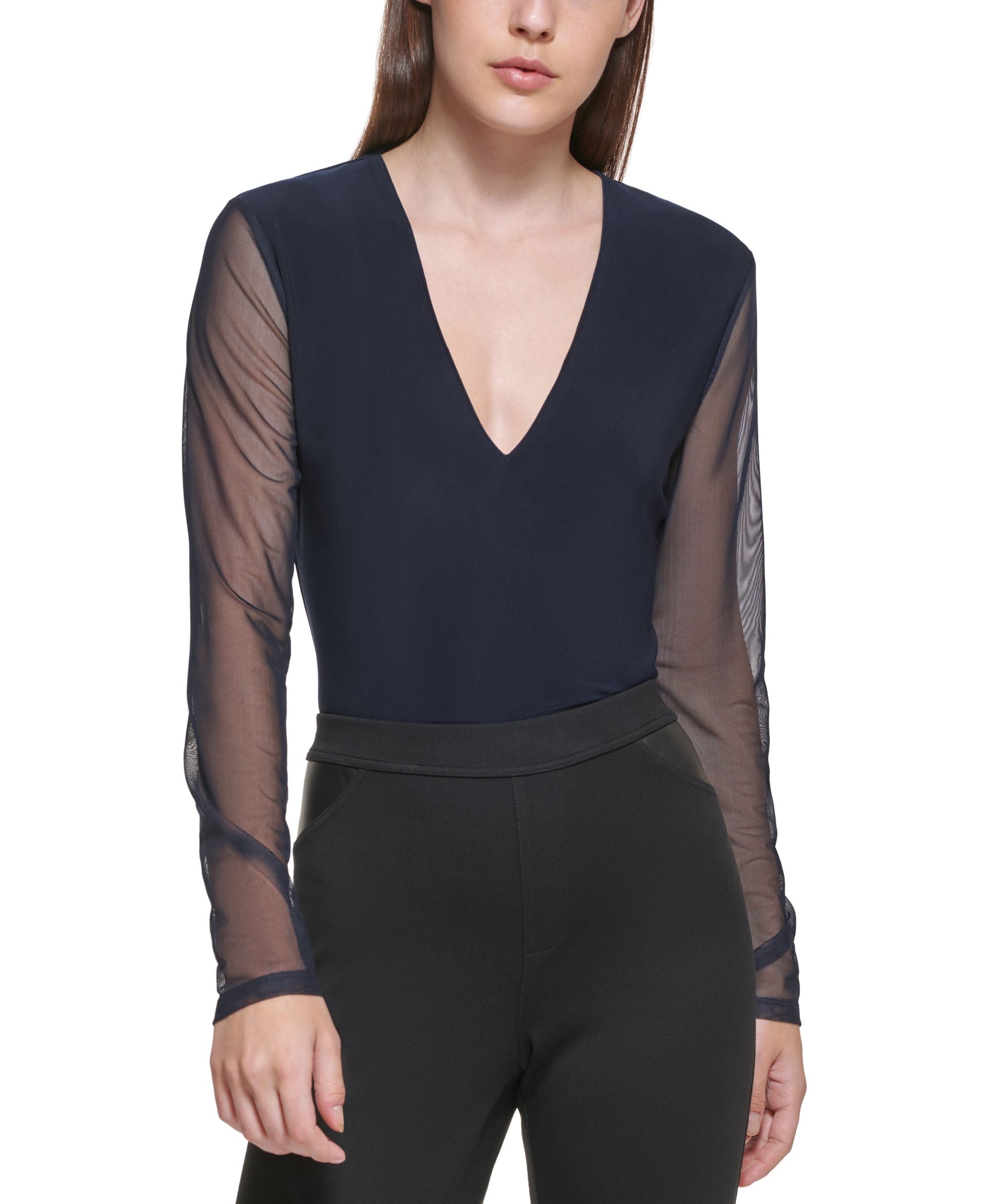 Mixed-Media V-Neck Bodysuit