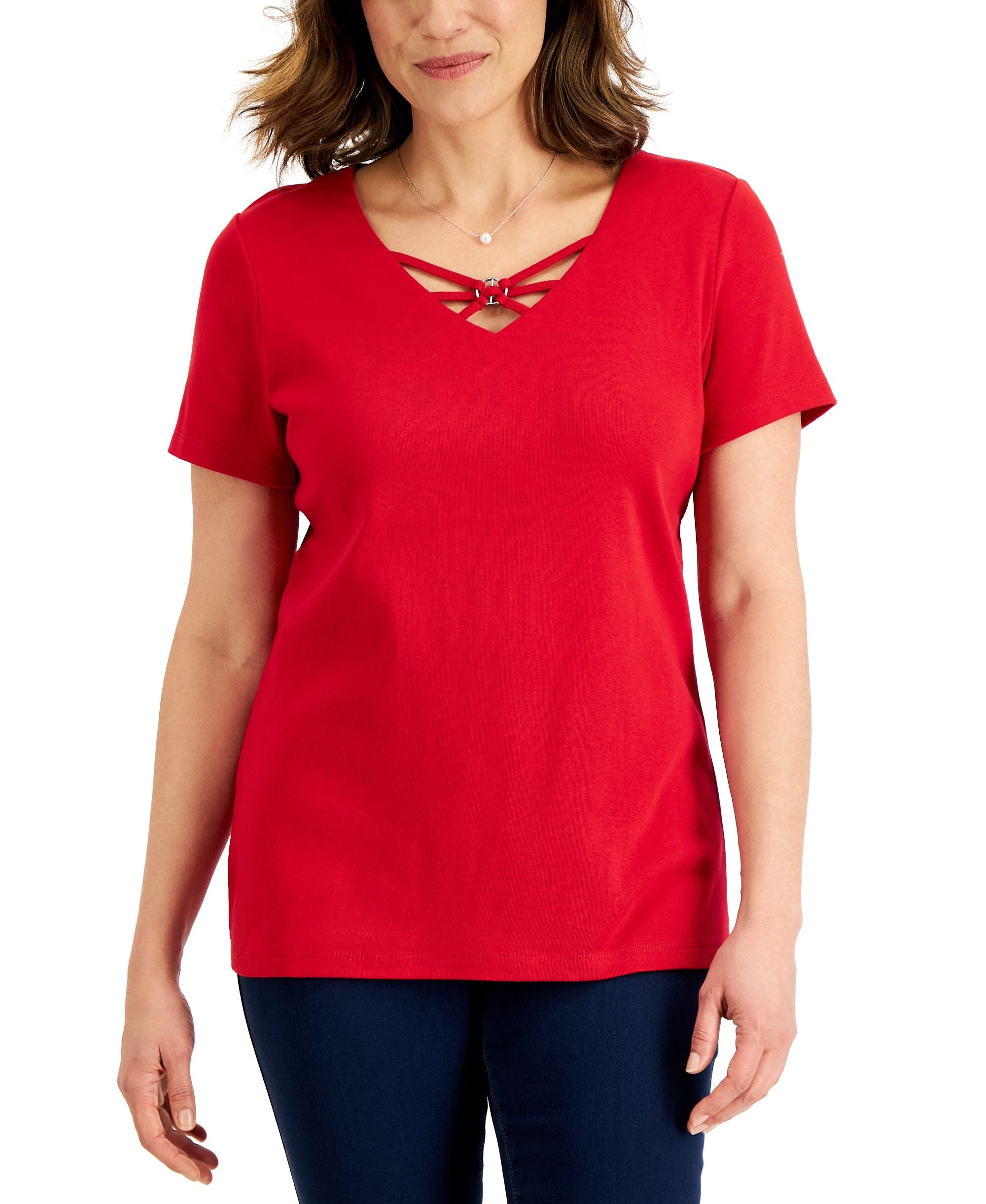Karen Scott Petite Short Sleeve Criss Cross V Neck Top