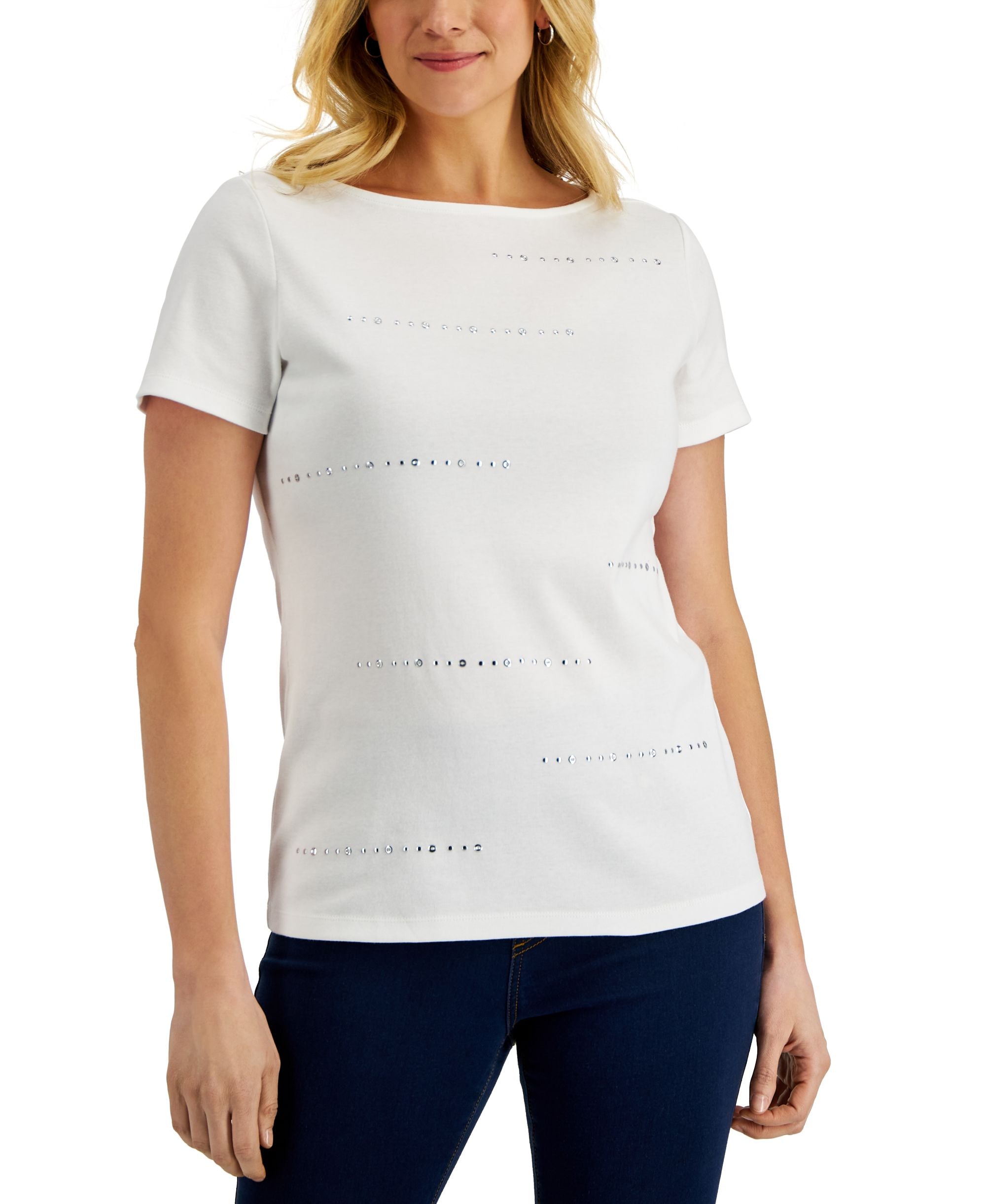 Karen Scott Womens Embellished Boat Neck Top