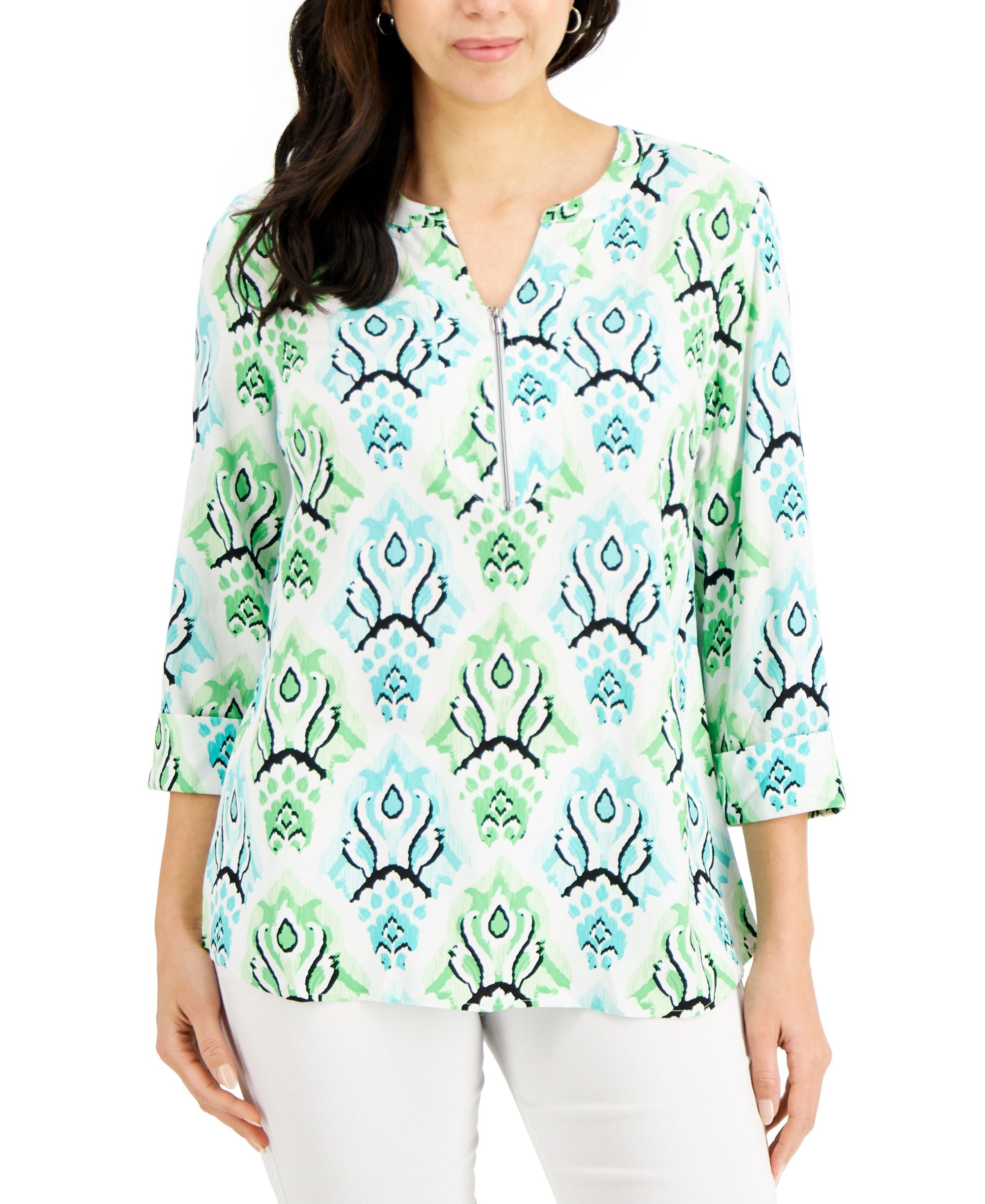 JM Collection Split Neck Printed Utility Top